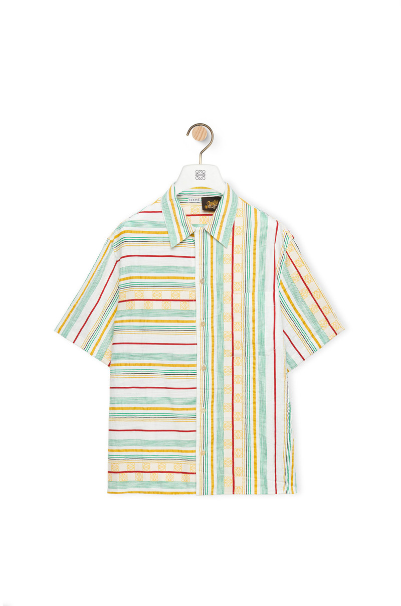 Asymmetric stripes short sleeve shirt in cotton, linen and silk 1