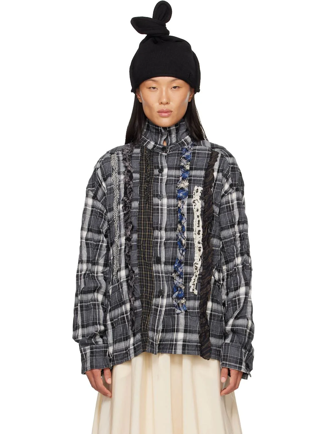 Black Checkered Crinkle Ruffle Shirt - 1