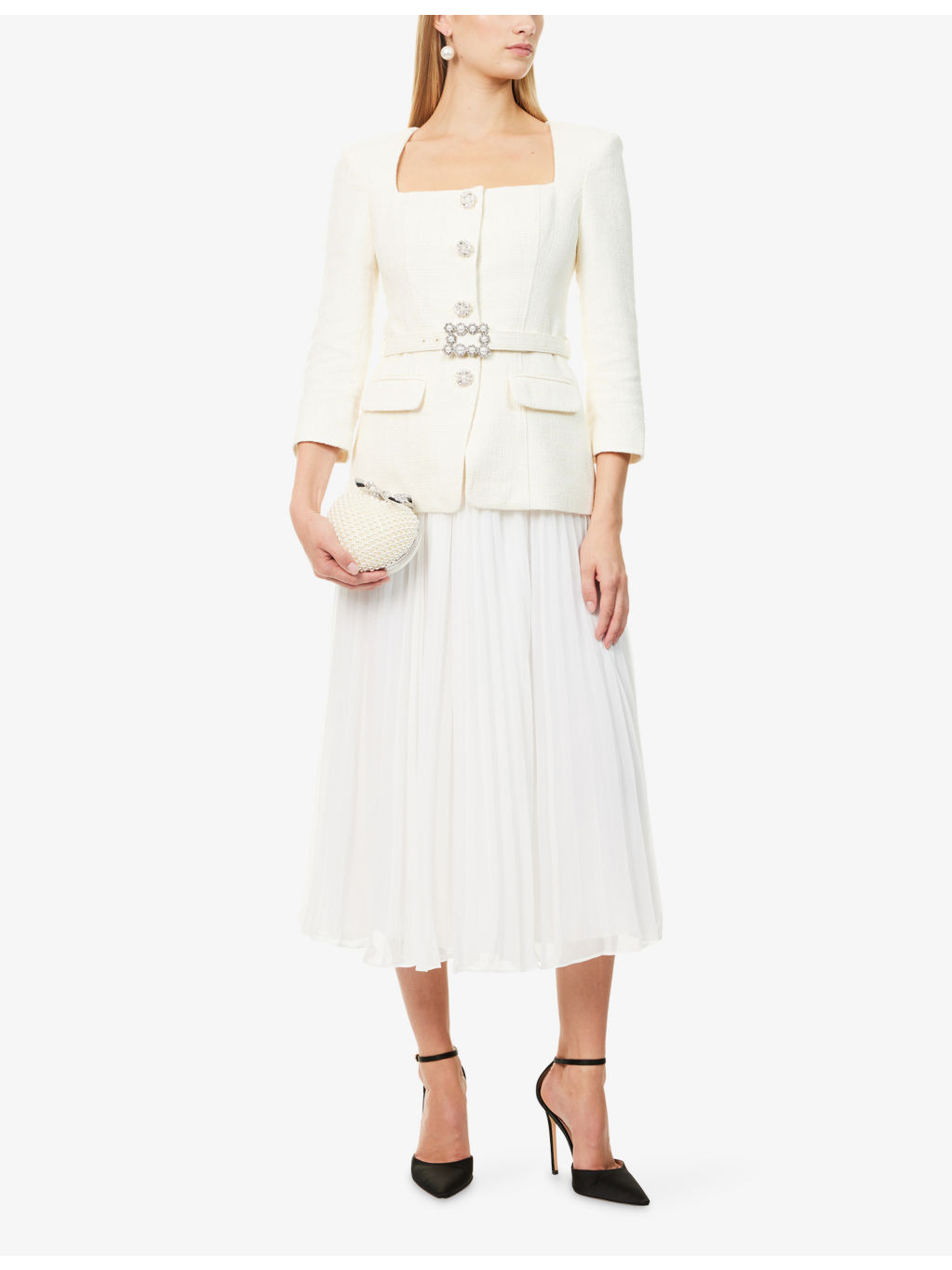 Long-Sleeve Boucle Chiffon Midi Dress - 2
