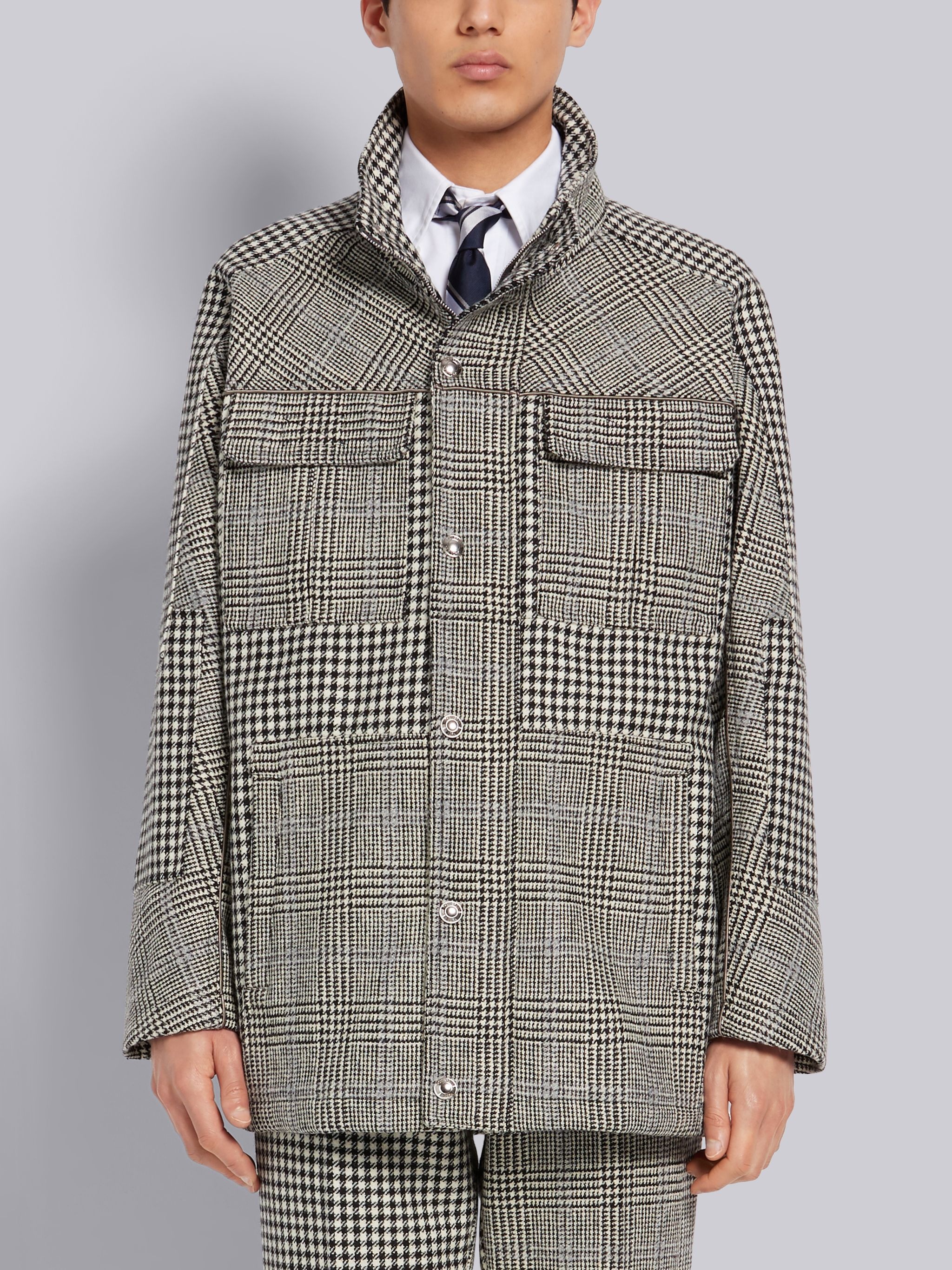 Black and White Prince of Wales Overcheck Wool Hunting Tweed Nautical Snap Front Jacket - 1