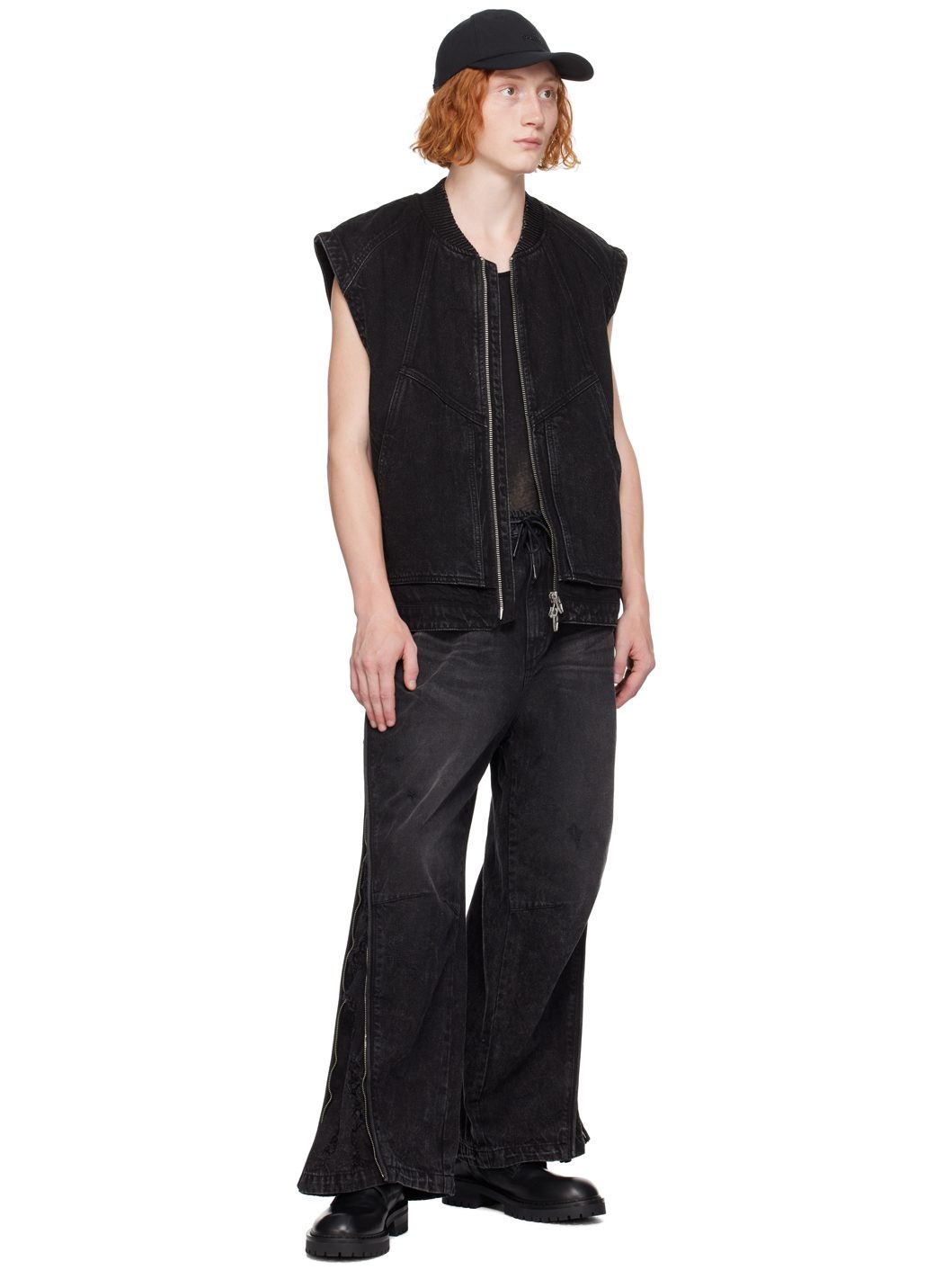 Black Oil-Washed Denim Vest - 4