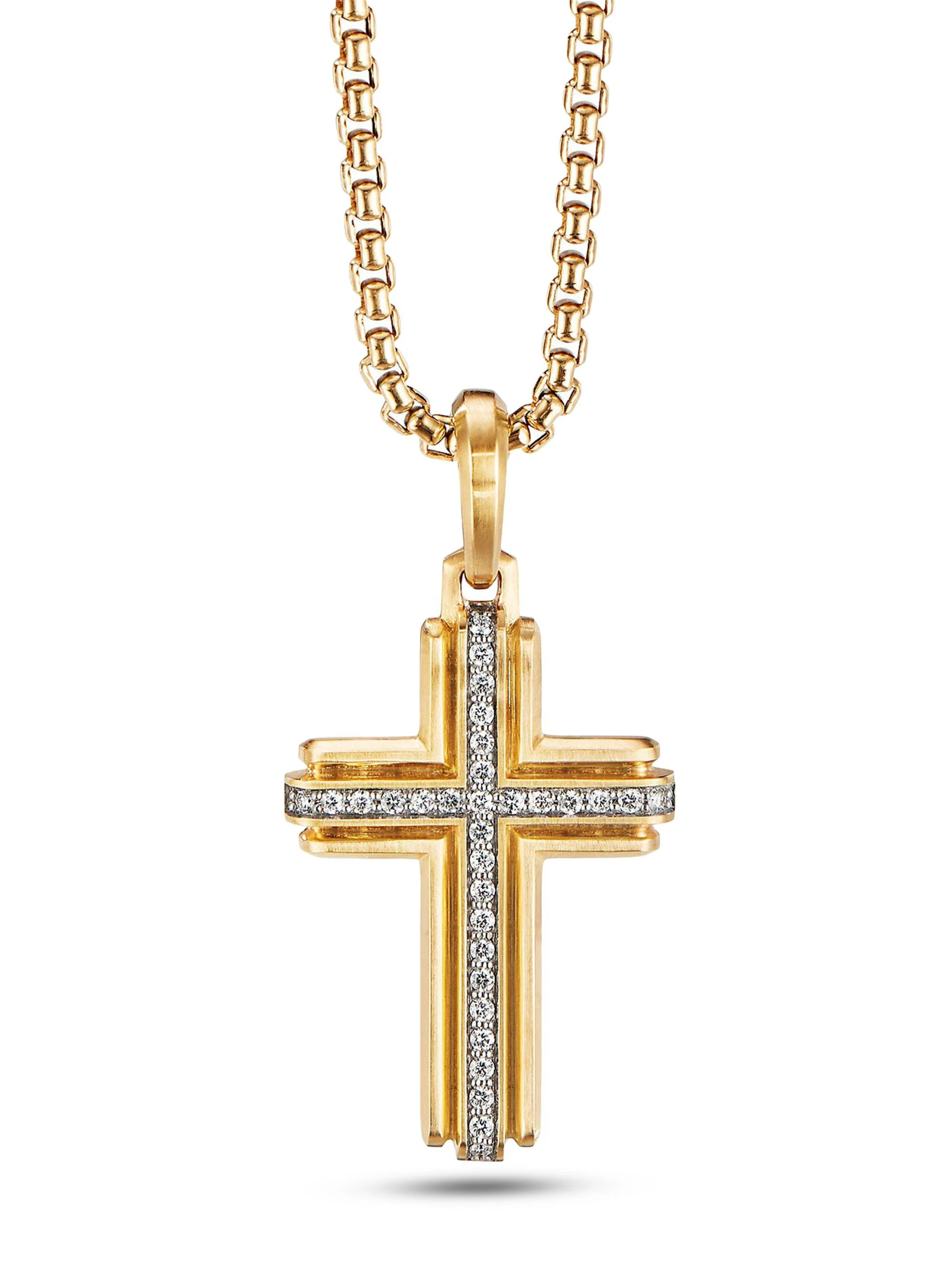 Men's Deco Cross Pendant in 18K Yellow Gold - Diamond - 1