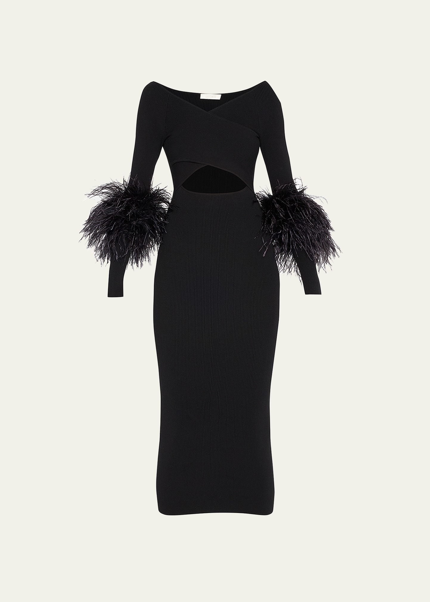 Criss-Cross Cutout Midi Dress w/ Feather Trim - 1