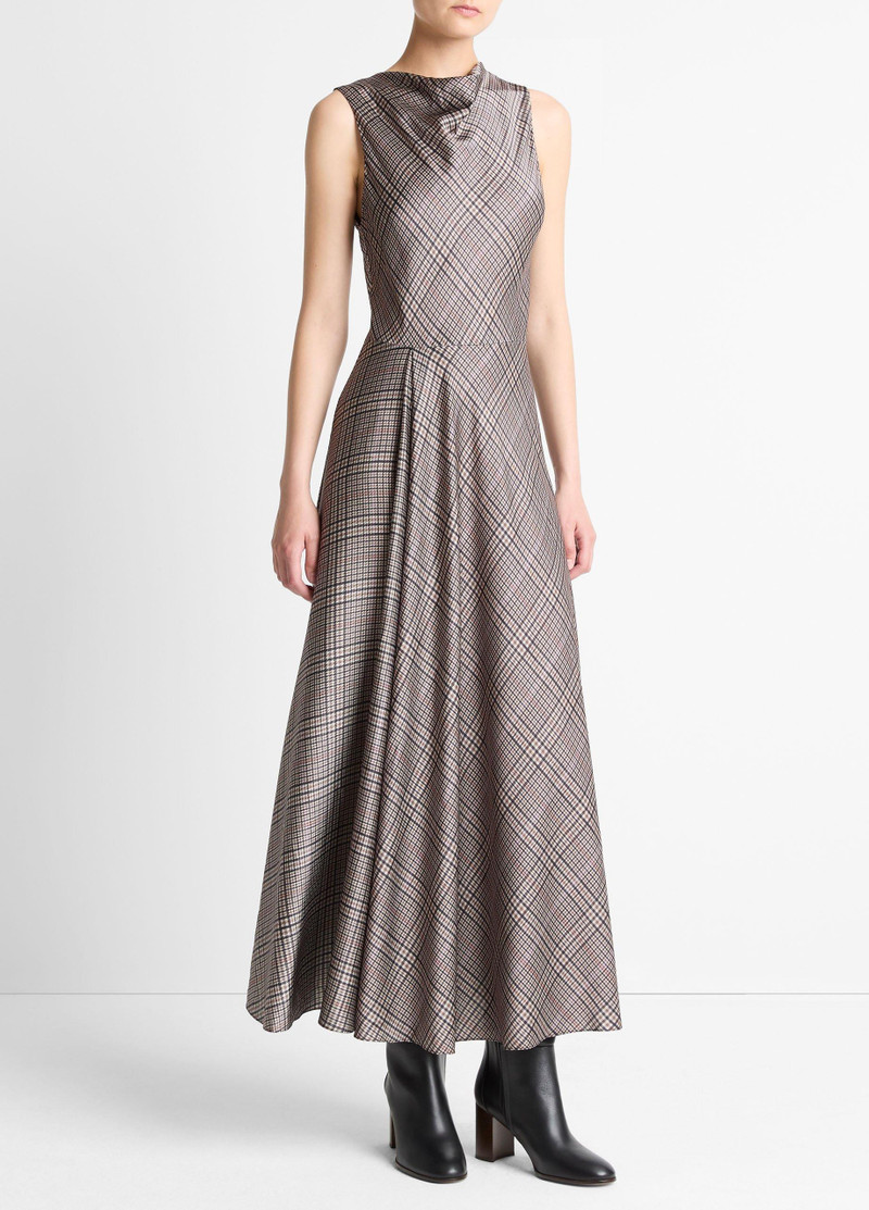 Pressed Plaid Satin Cowl-Neck Dress 2