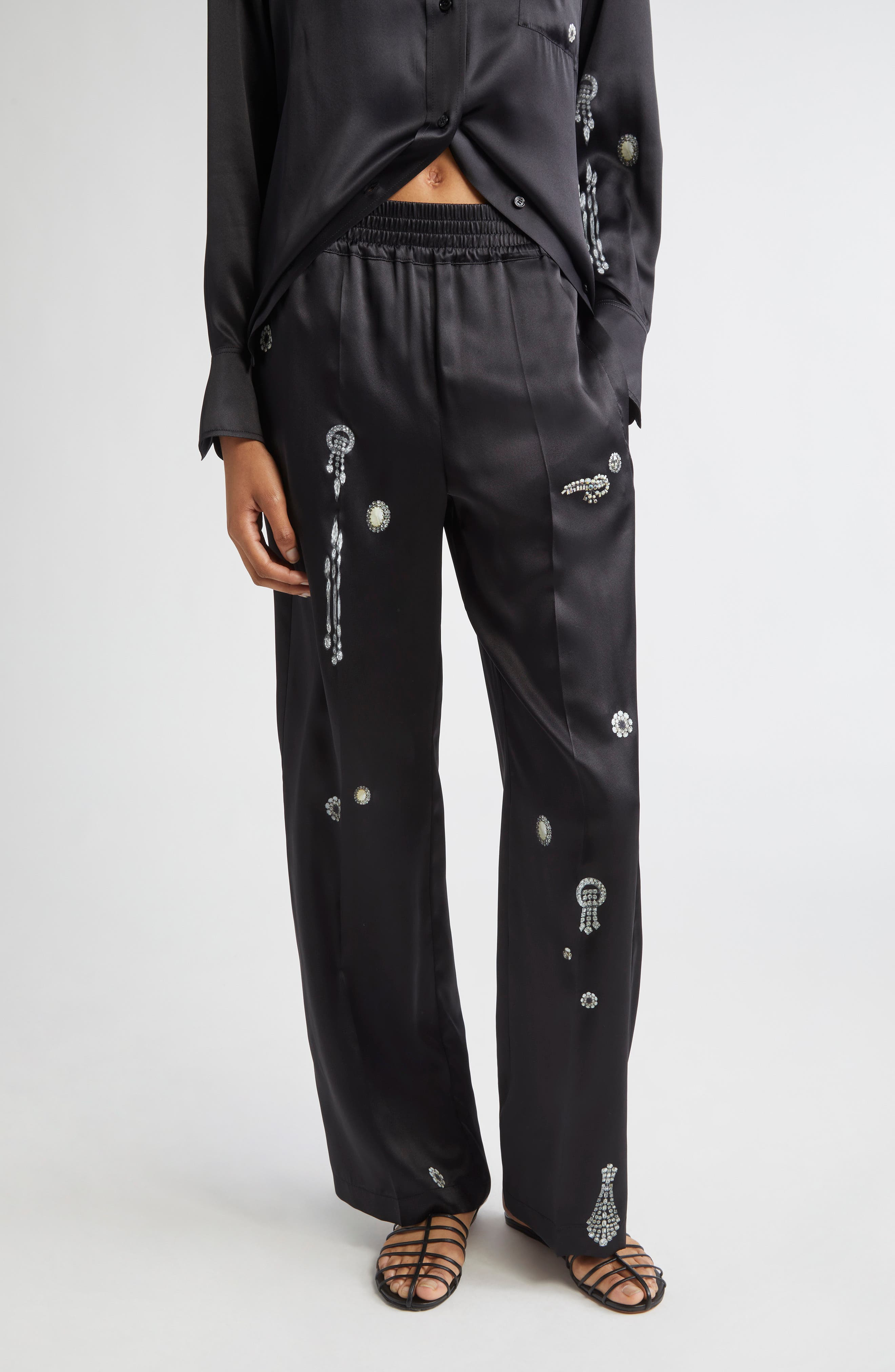 Victoria Beckham Crystal Print Silk Pajama Pants in Black at Nordstrom - 1