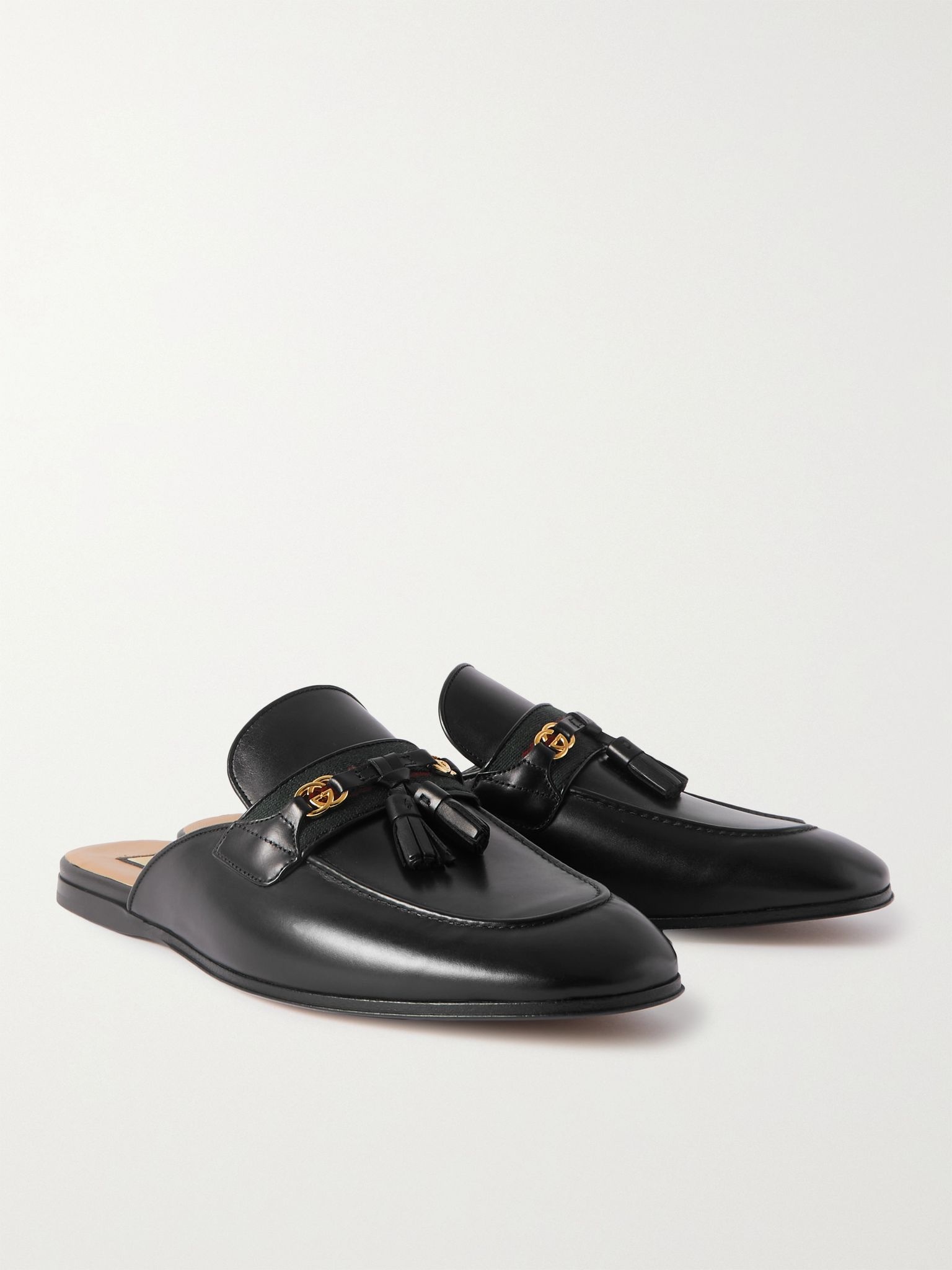 Webbing-Trimmed Leather Tasselled Backless Loafers - 4