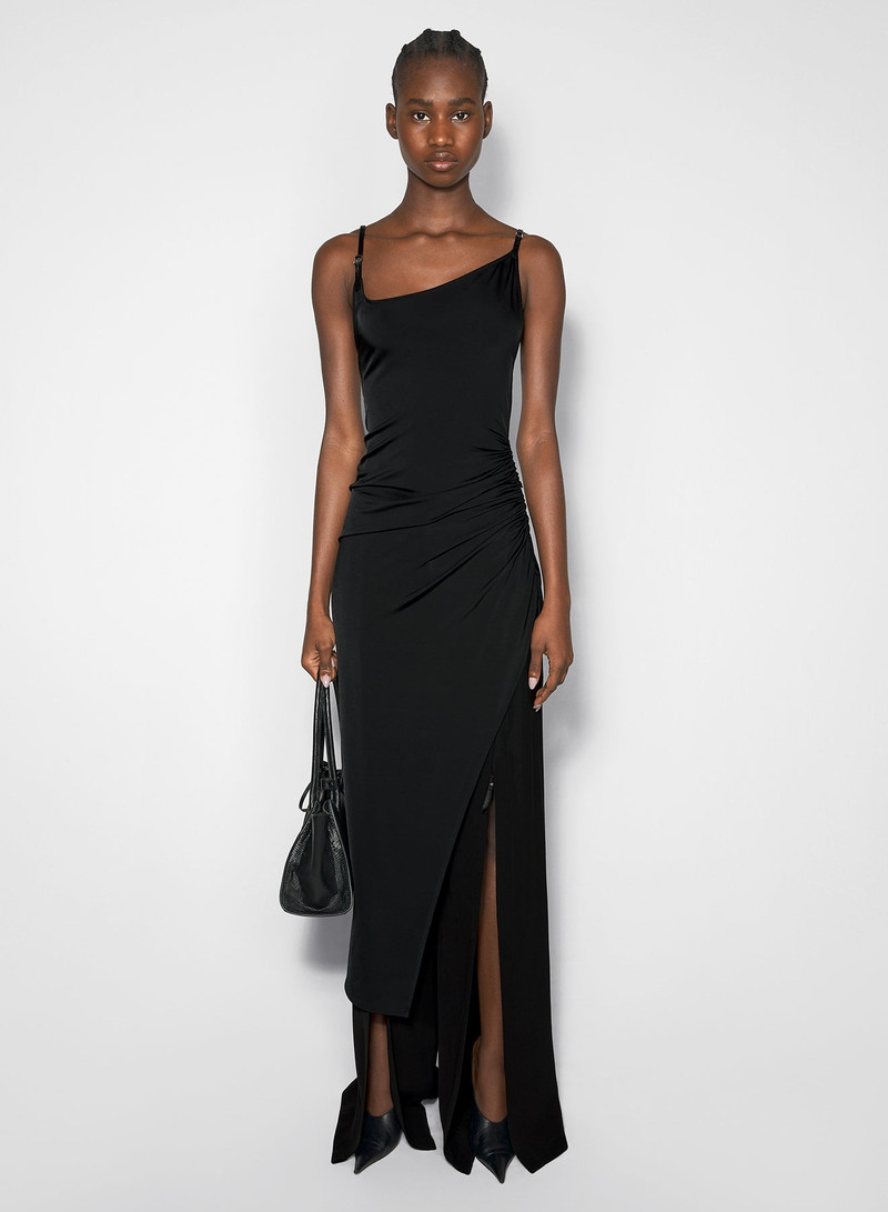 black asymmetrical buckled strap dress 1