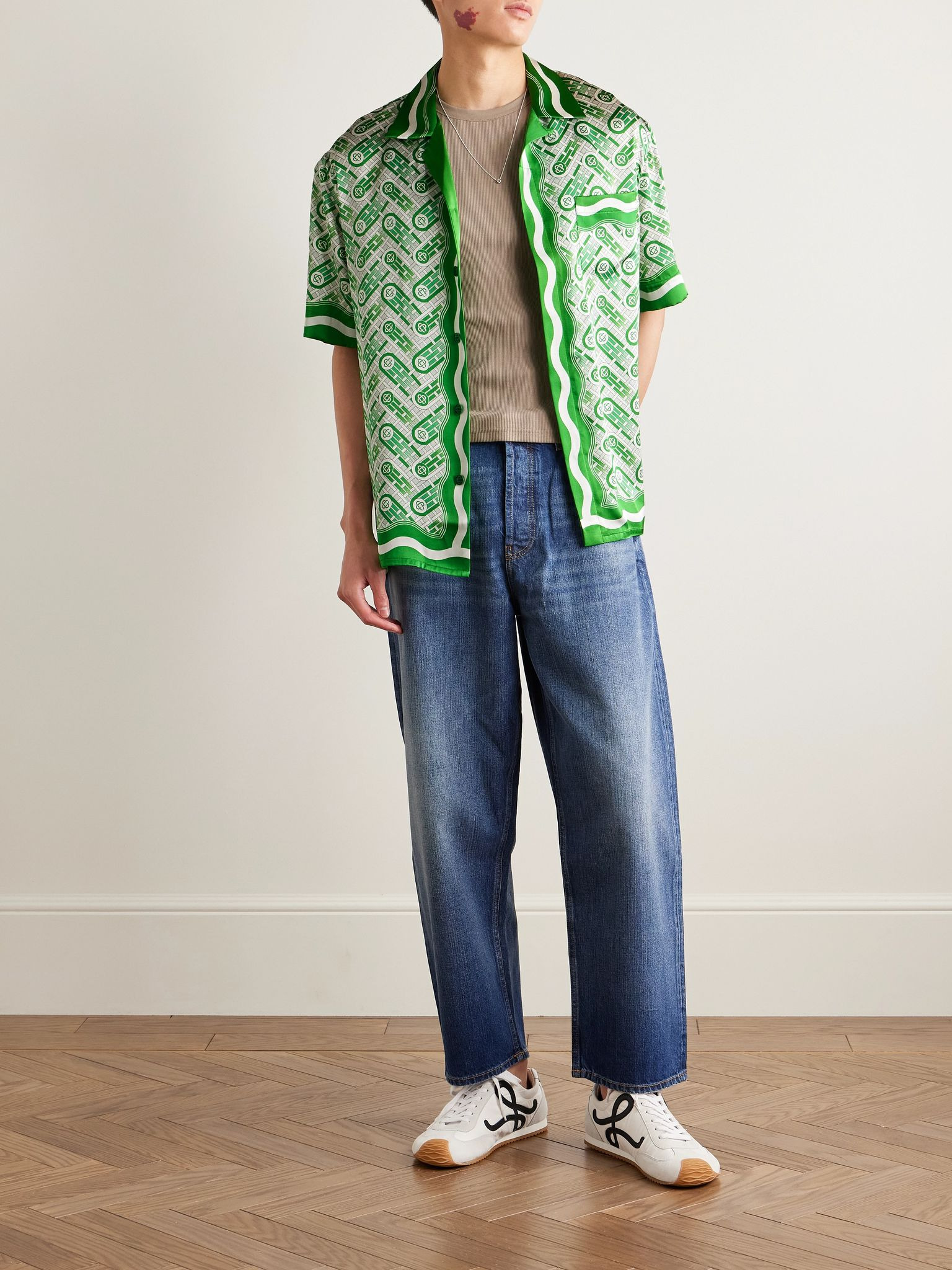 Ping Pong Convertible-Collar Printed Silk Shirt Green - 2