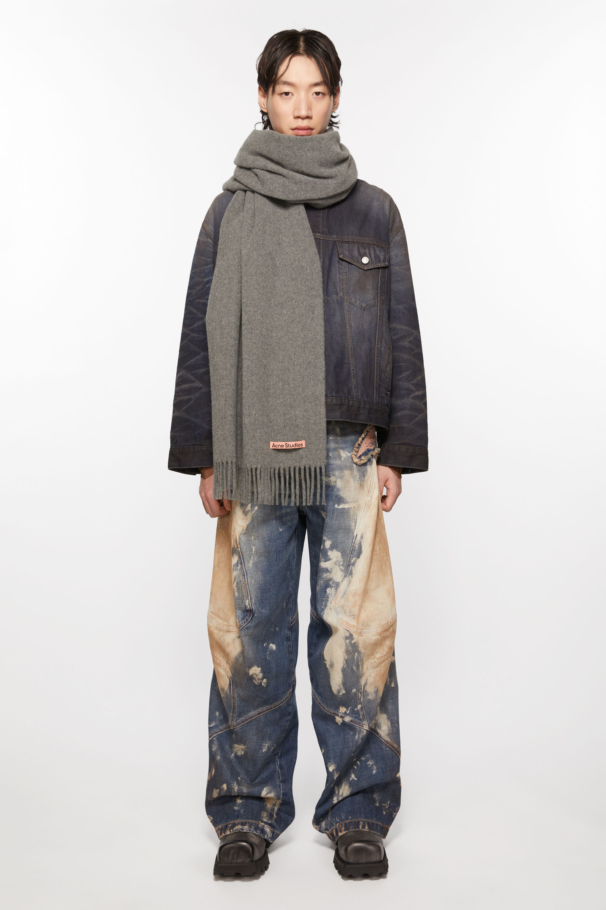 Fringe wool scarf - oversized - Grey Melange - 3