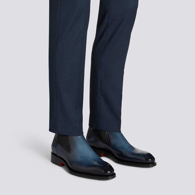 Santoni Men’s blue leather Chelsea brogue boot outlook