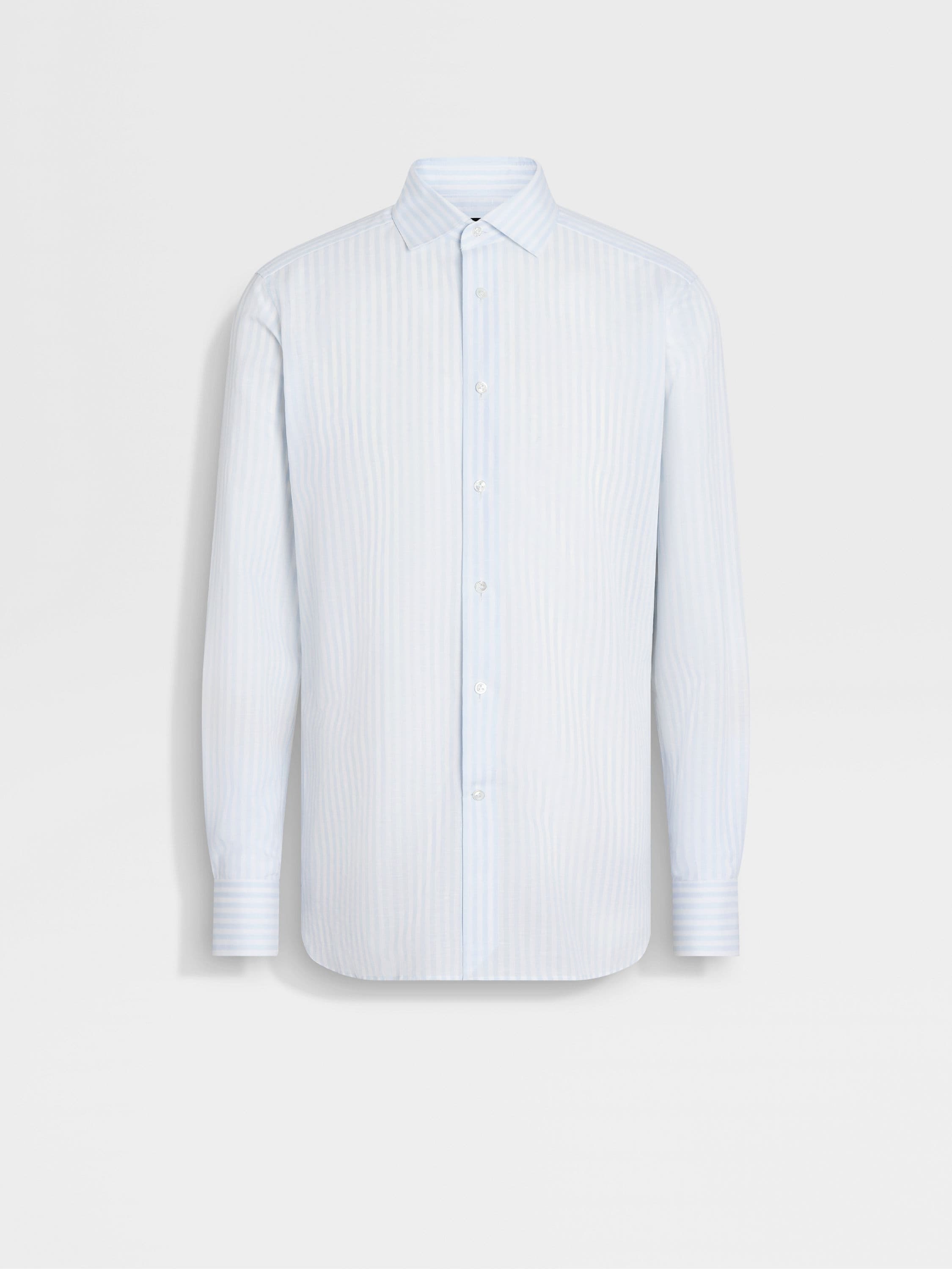 WHITE AND LIGHT BLUE MACRO-STRIPED CENTOVENTIMILA COTTON AND LINEN SHIRT - 1