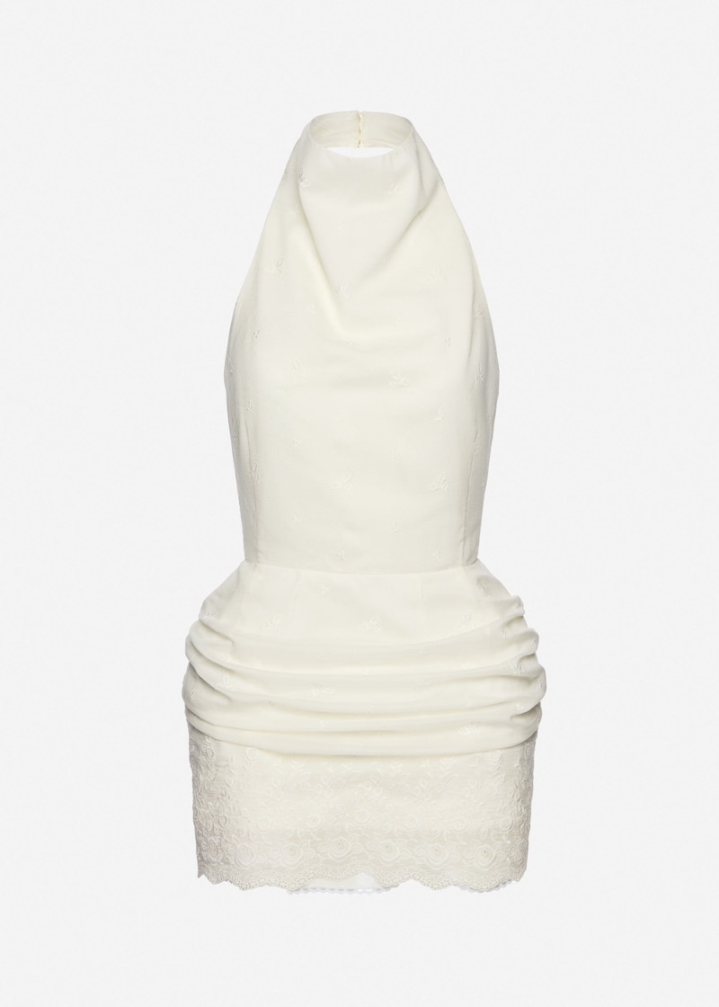 Halterneck mini dress with draped embroidered skirt in cream 1