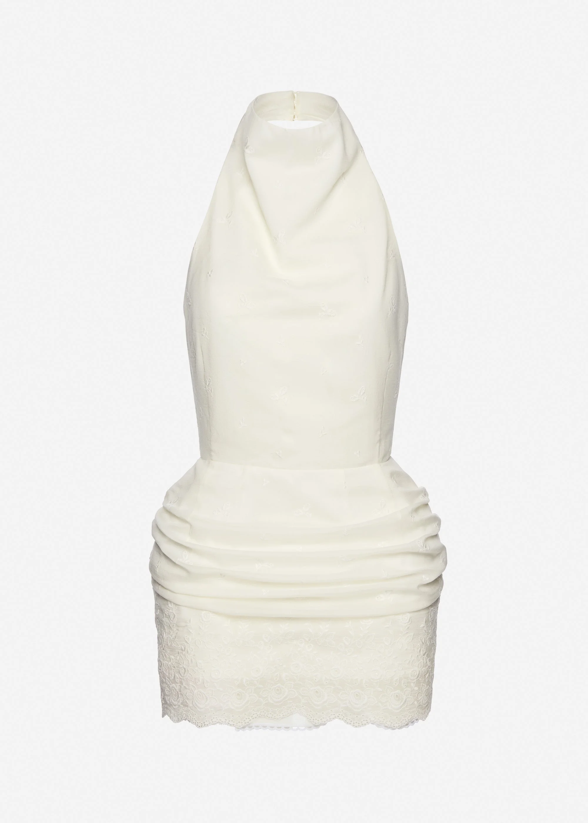 Halterneck mini dress with draped embroidered skirt in cream - 1