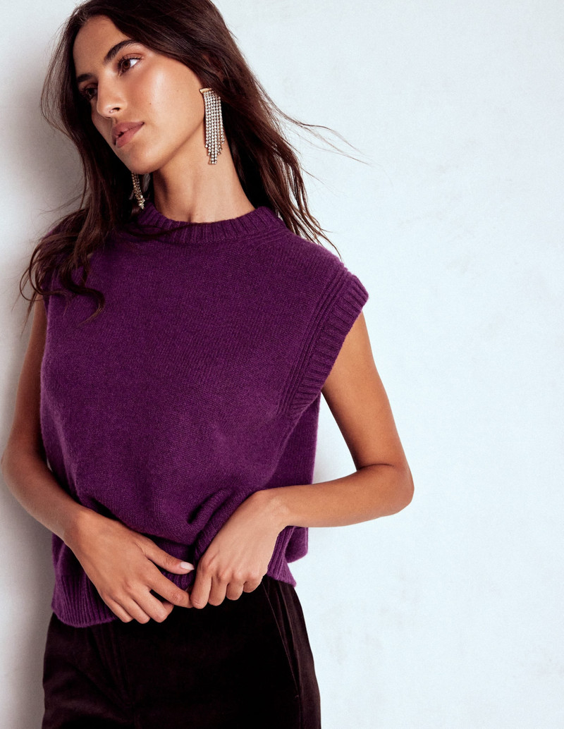 Cashmere Ribbed Trim Vest-Purple 6