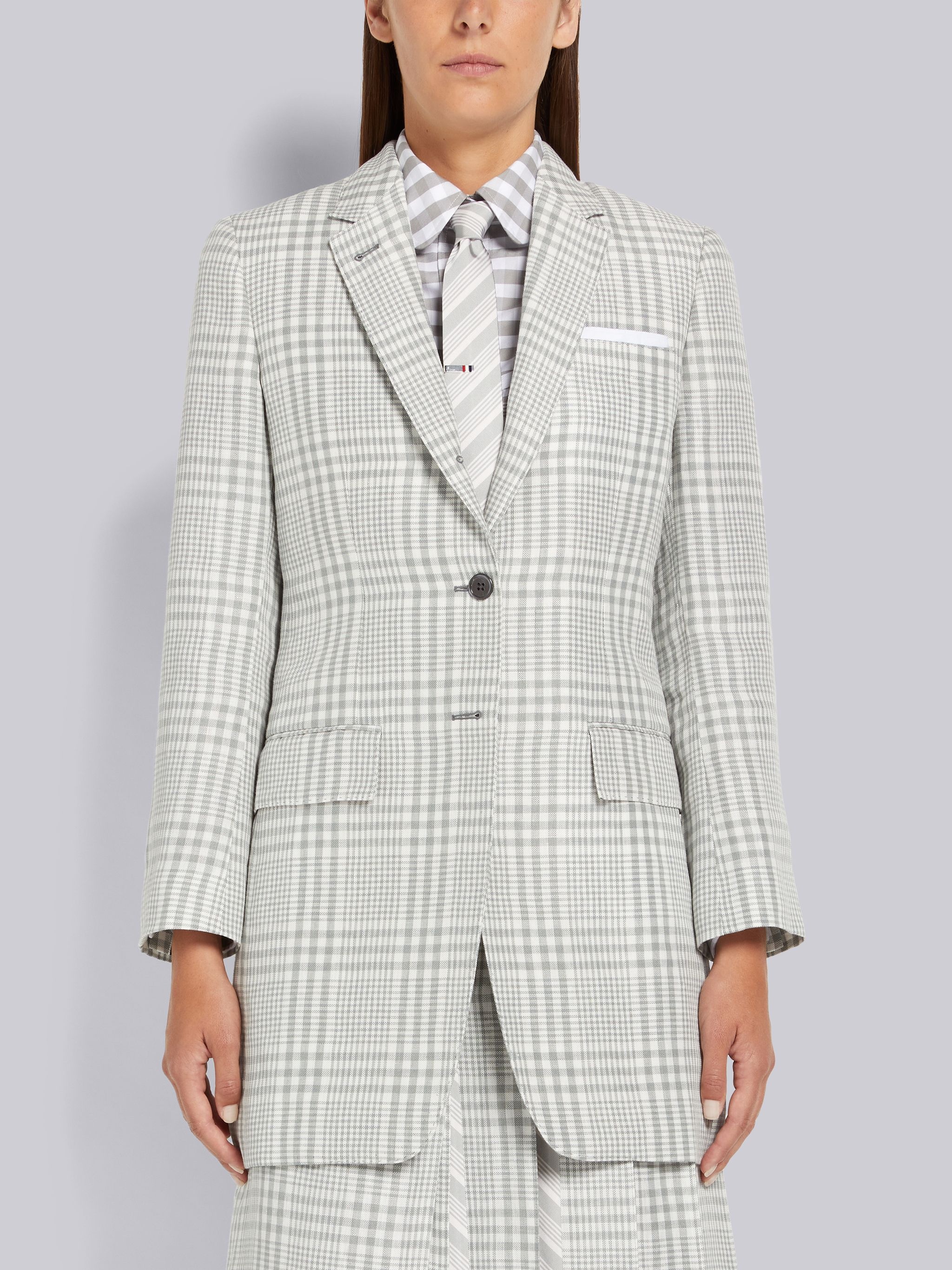 Medium Grey Gingham Crispy Linen Elongated Classic Jacket - 1