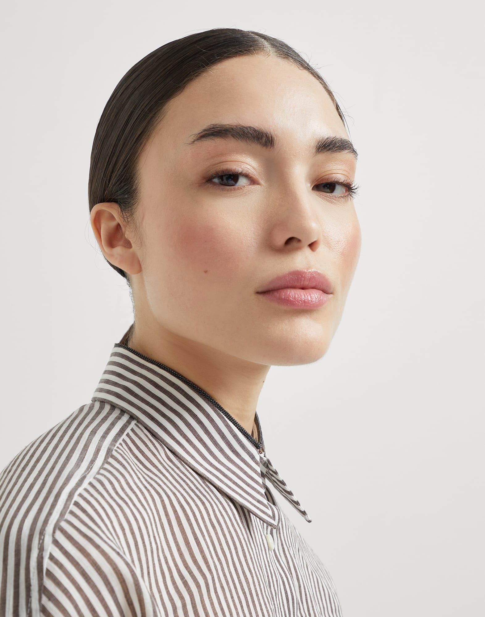 Striped linen and silk organza shirt with shiny collar detail - 3