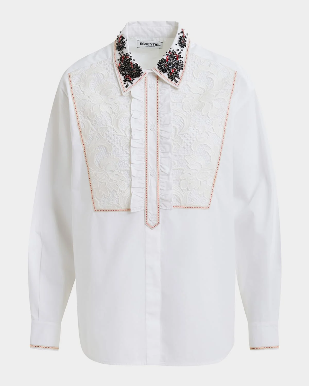 Embellished Lace-Panel Cotton Shirt - 1