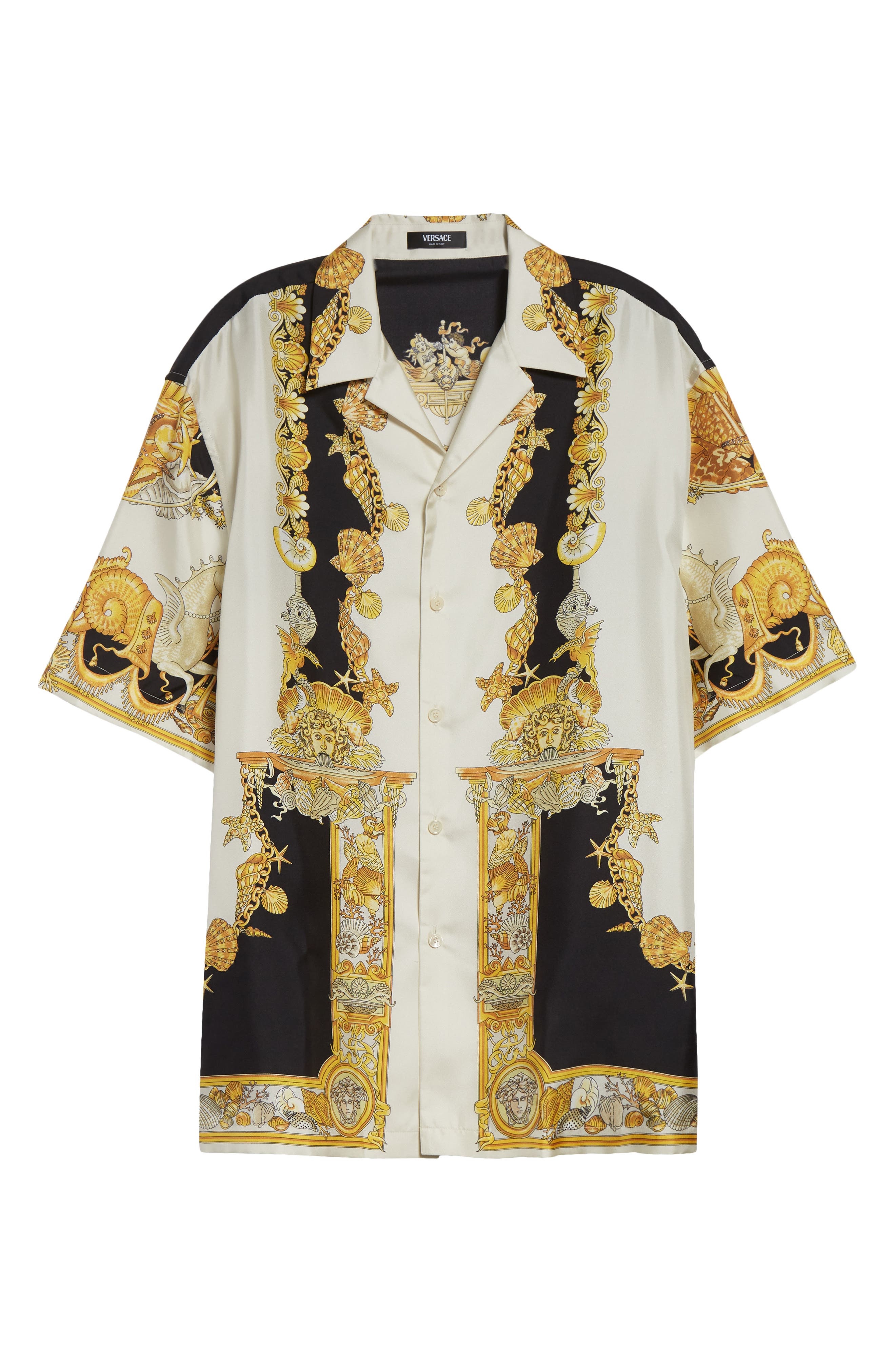 Versace Coral Theater Silk Twill Camp Shirt in Ivory Black Gold at Nordstrom - 6