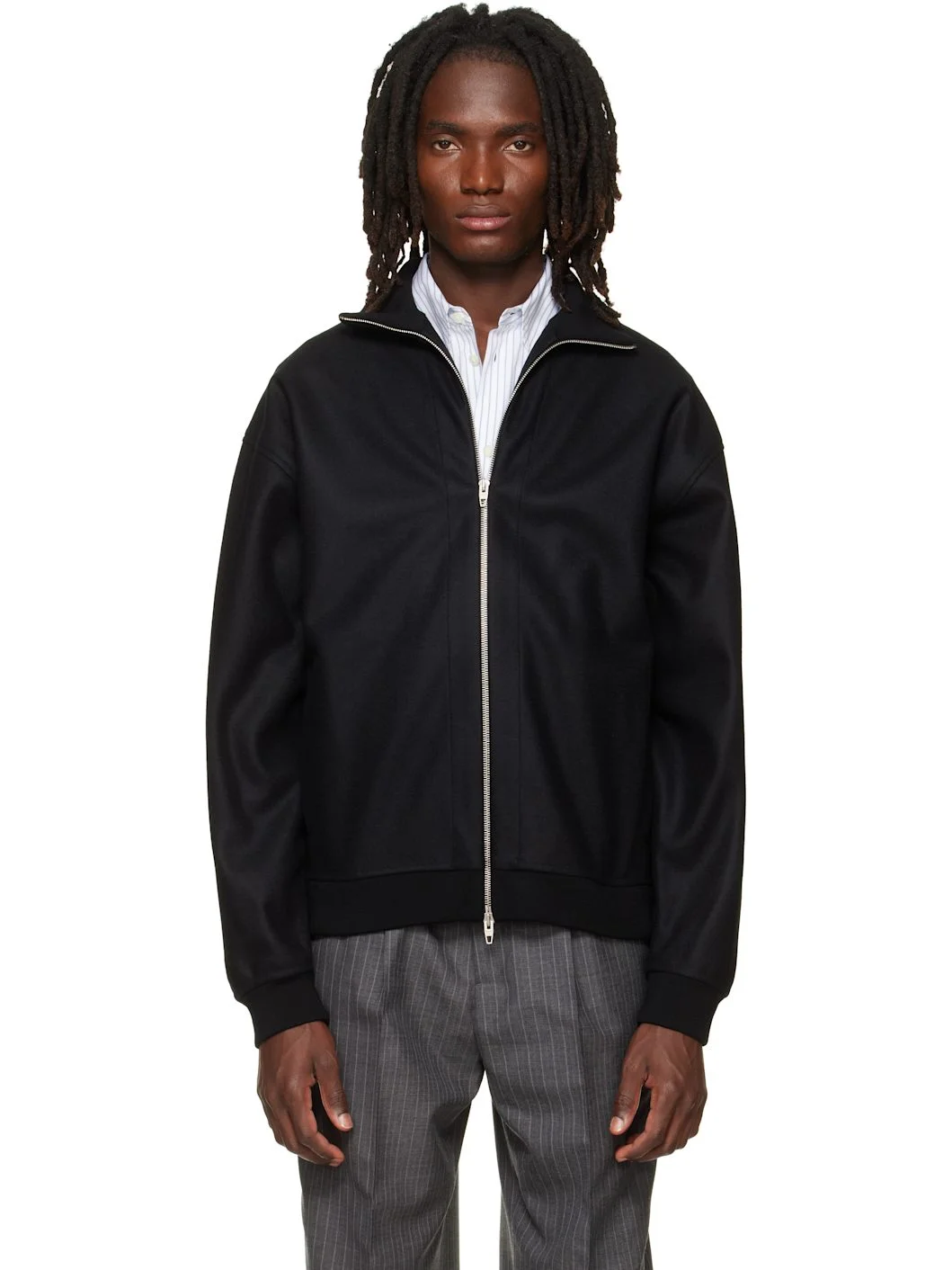 Black Wool Melton Zip-Up Jacket - 1