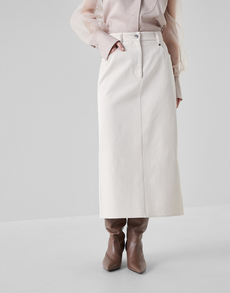Dyed couture denim five-pocket midi skirt with shiny bartack 1