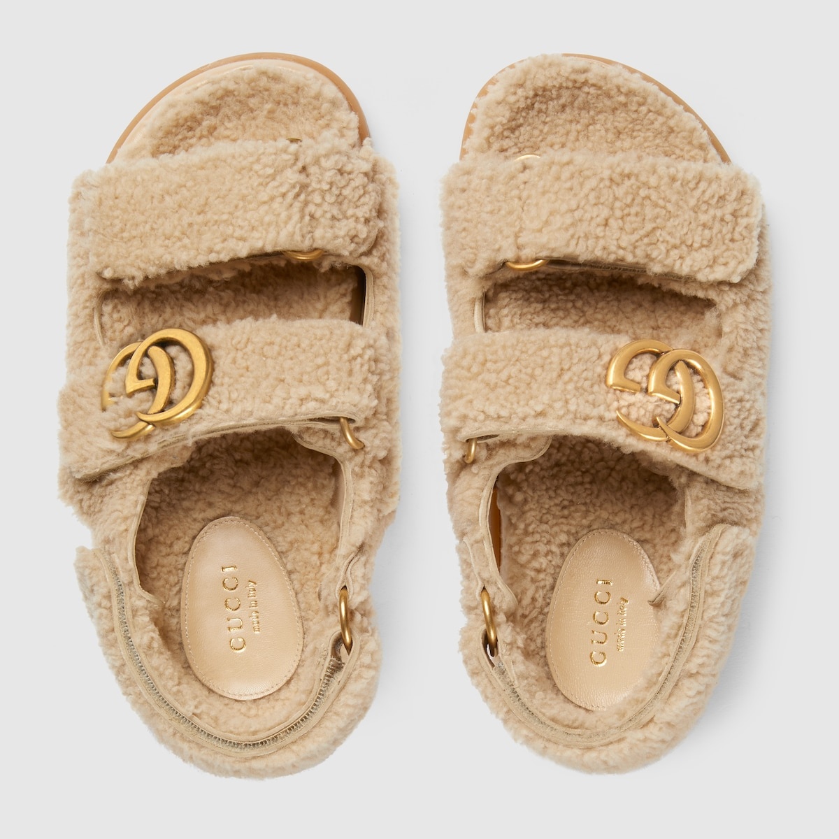 【GUCCI】Double G Logo Shearling Fur Strap Sandals BEIGE Double g shearling mules Gucci Beige size 42 IT in Shearling