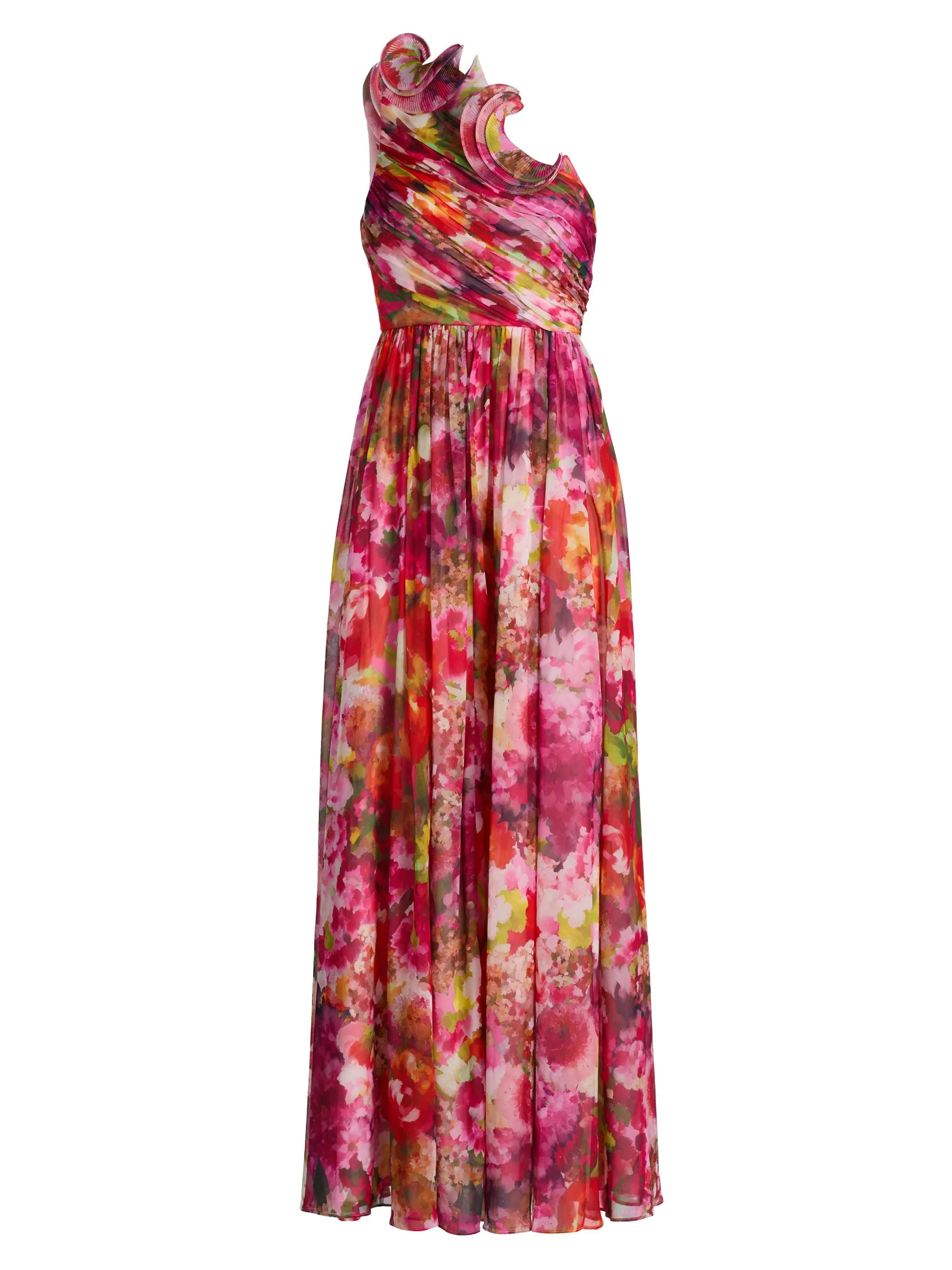 Women's Floral Georgette Frill A-Line Gown - Pink Multi - 1