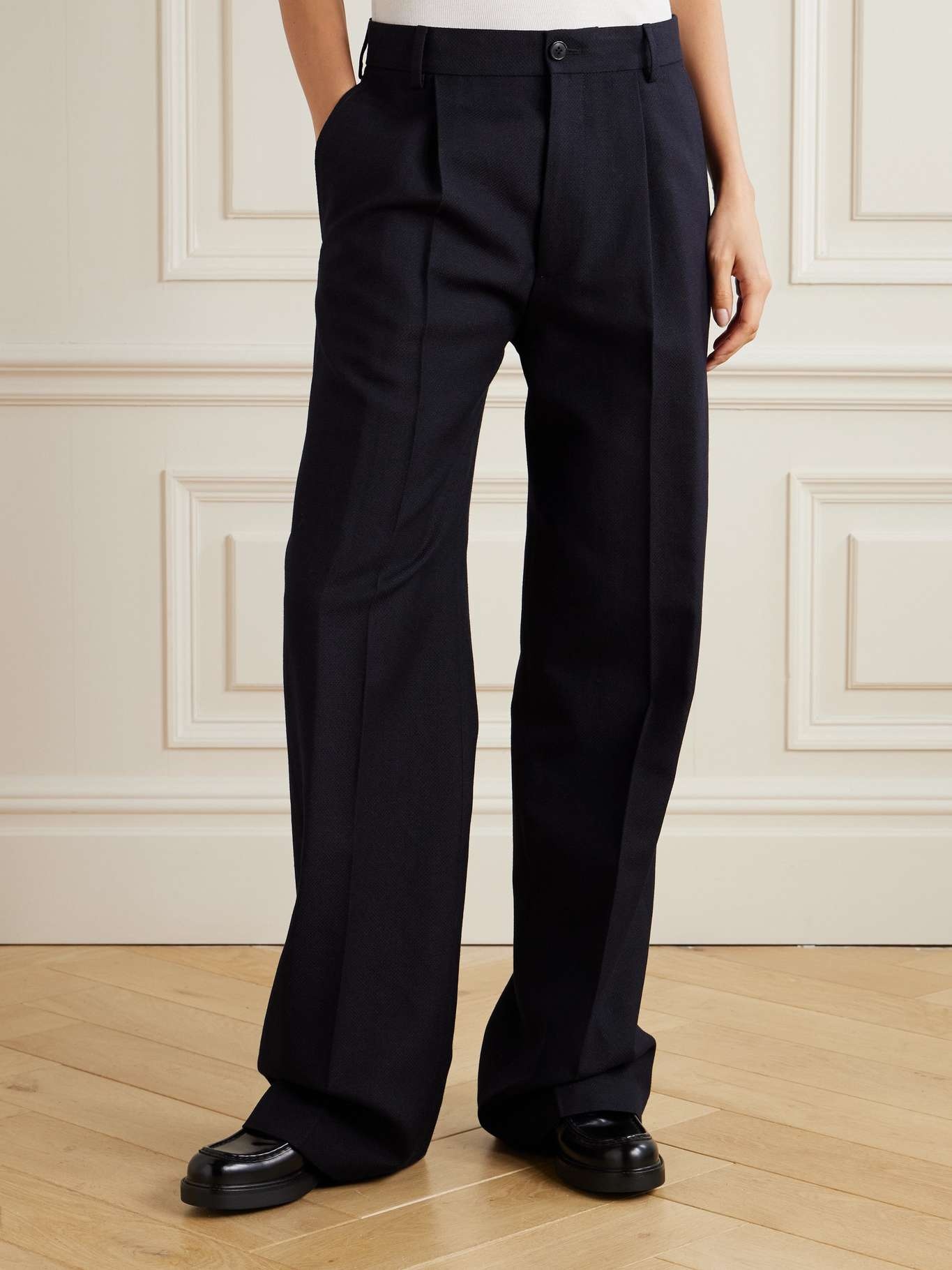 Pleated wool and linen-blend wide-leg pants Blue - 3