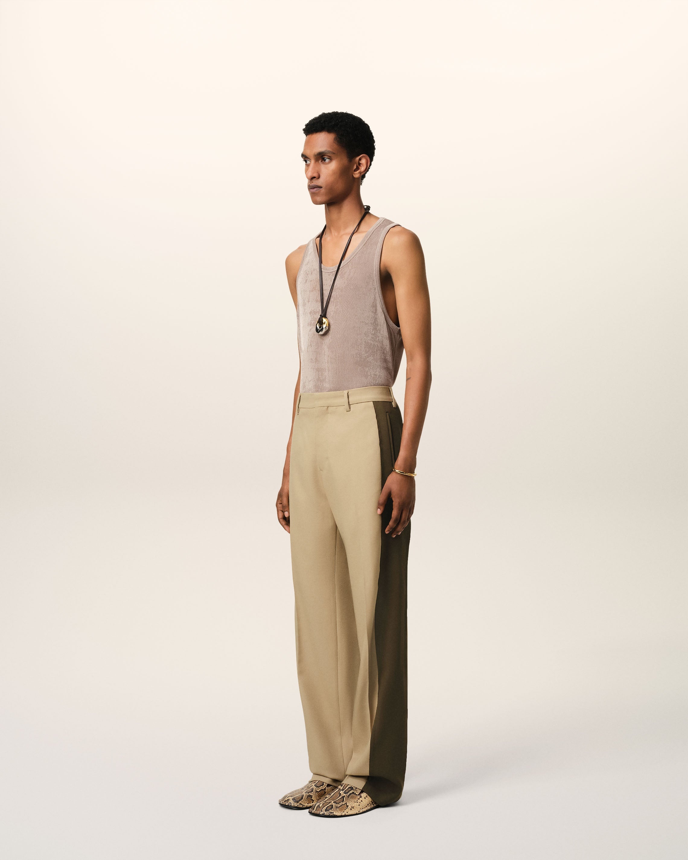 BEIGE WOOL CONTRASTED BAND STRAIGHT TROUSERS - 6