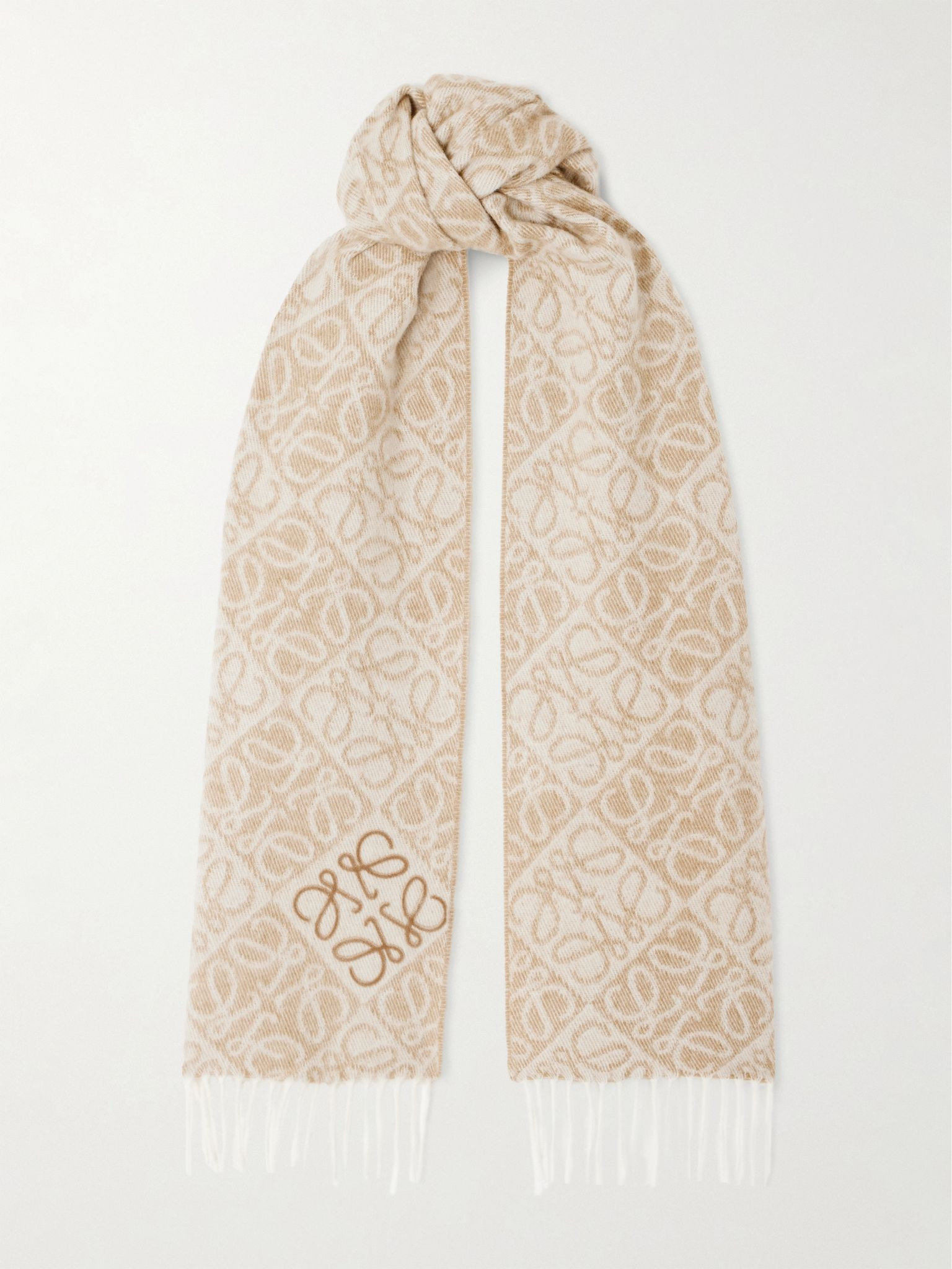 Fringed wool and cashmere-blend jacquard scarf Beige - 1