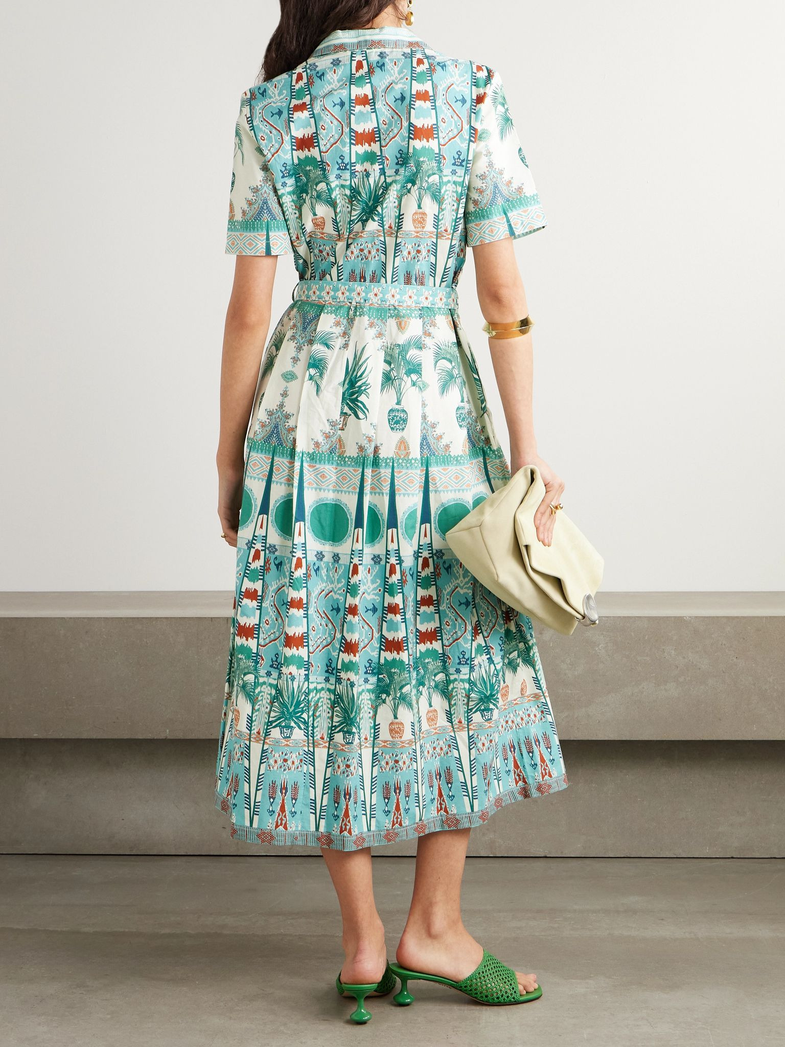 Claudia belted pleated printed cotton-poplin midi shirt dress Green - 3