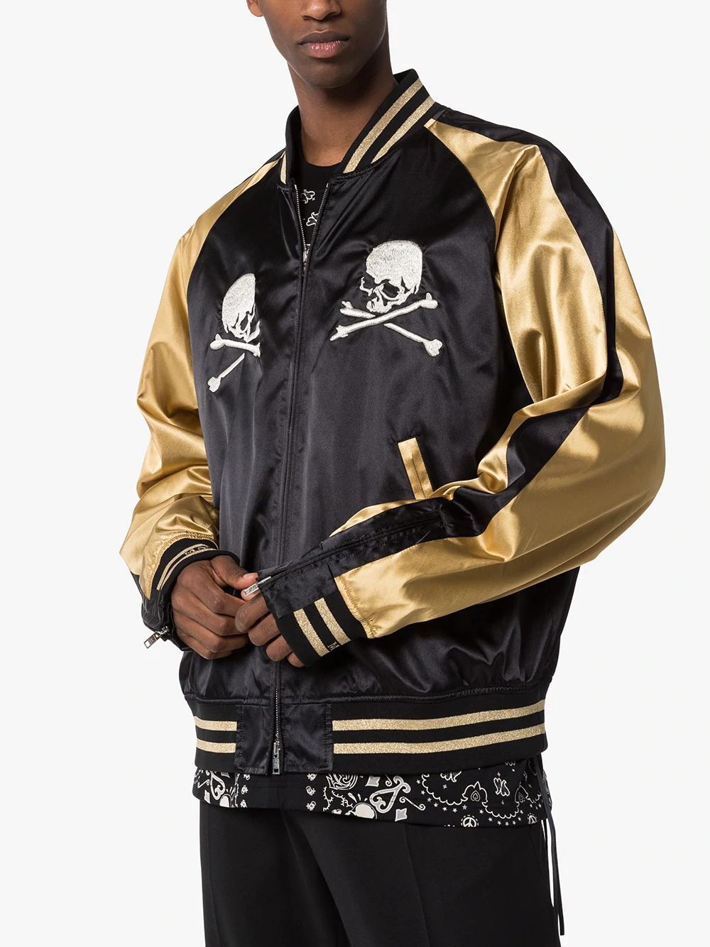 skull-embroidered two-tone bomber jacket - 2