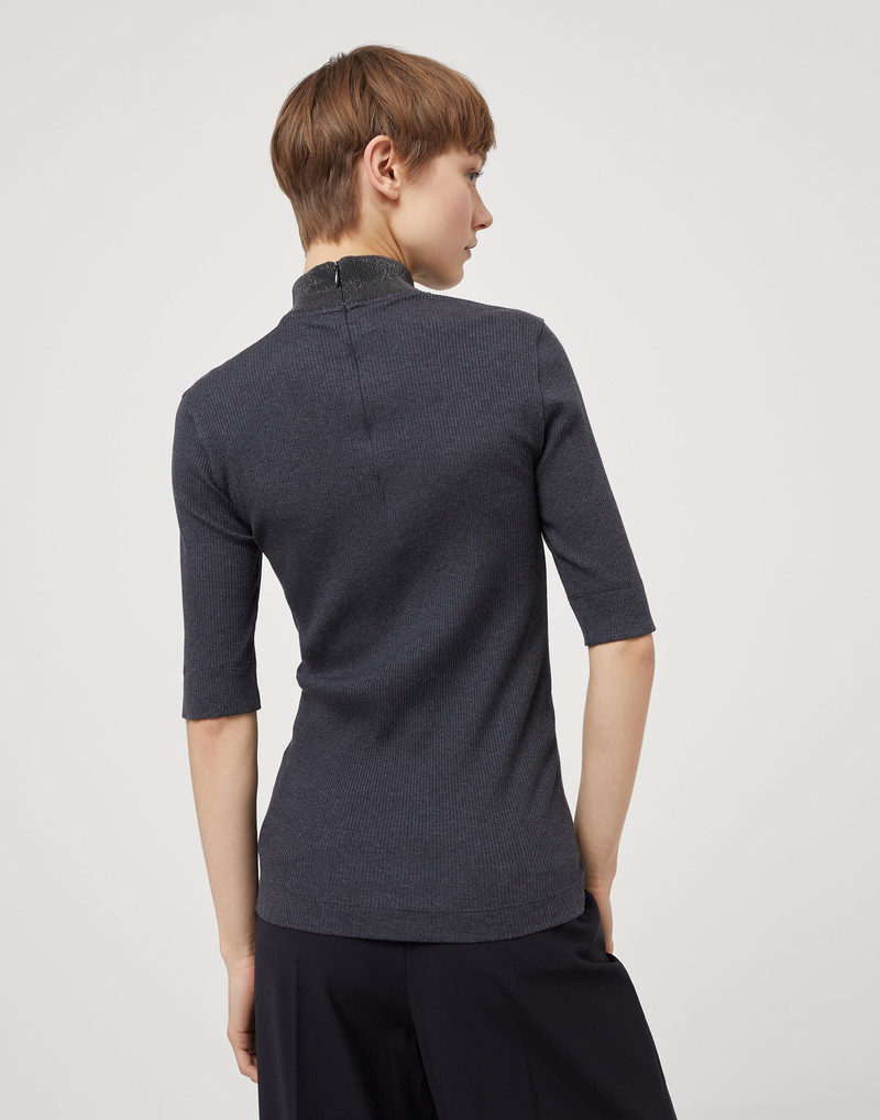 Brunello Cucinelli Comfort cotton ribbed jersey top with precious ribbed collar outlook