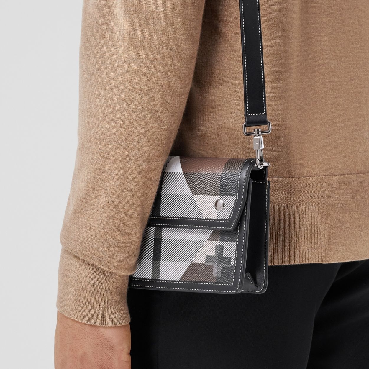 Geometric Check and Leather Crossbody Bag - 10