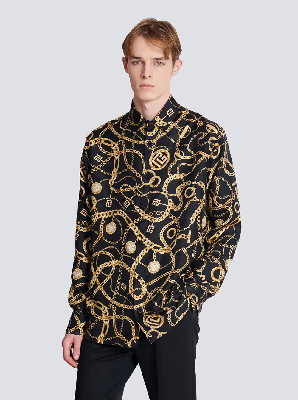Balmain Men Black Shirt With Pointed Collar And Chain Print With Logo In Silk Man - 4