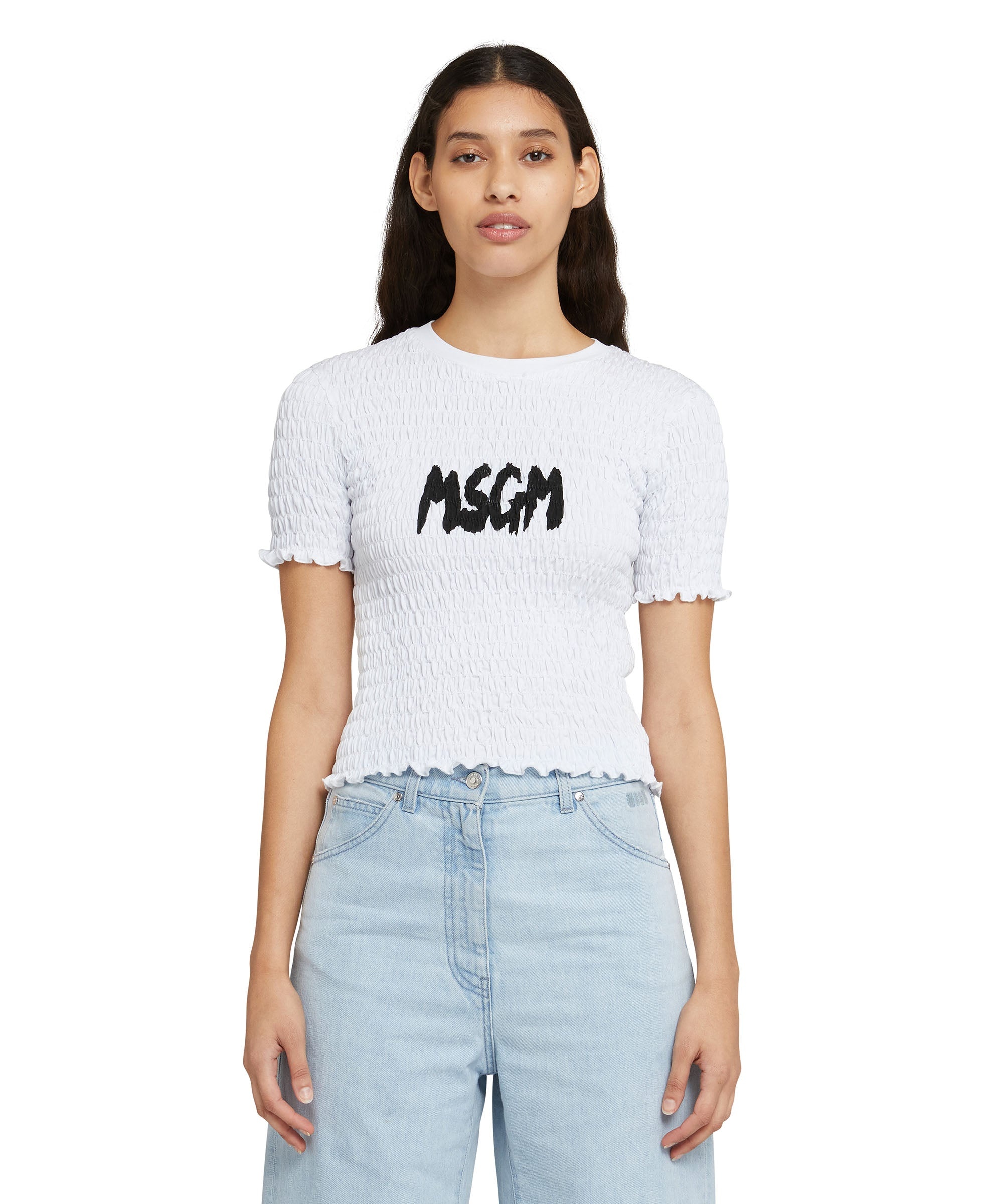 Cotton crop-top t-shirt with smock stitch - 5