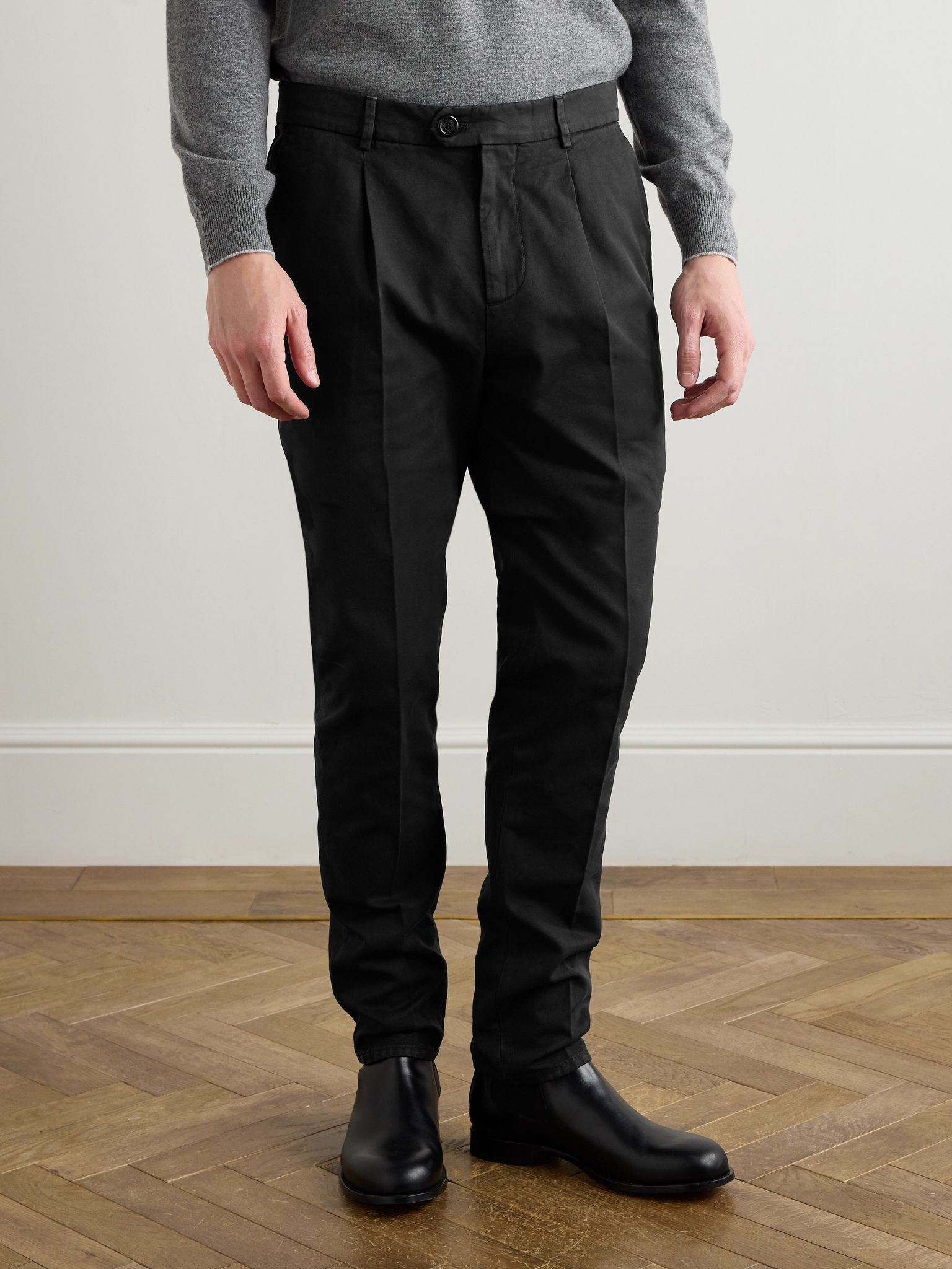 Straight-Leg Pleated Cotton-Twill Trousers Black - 3