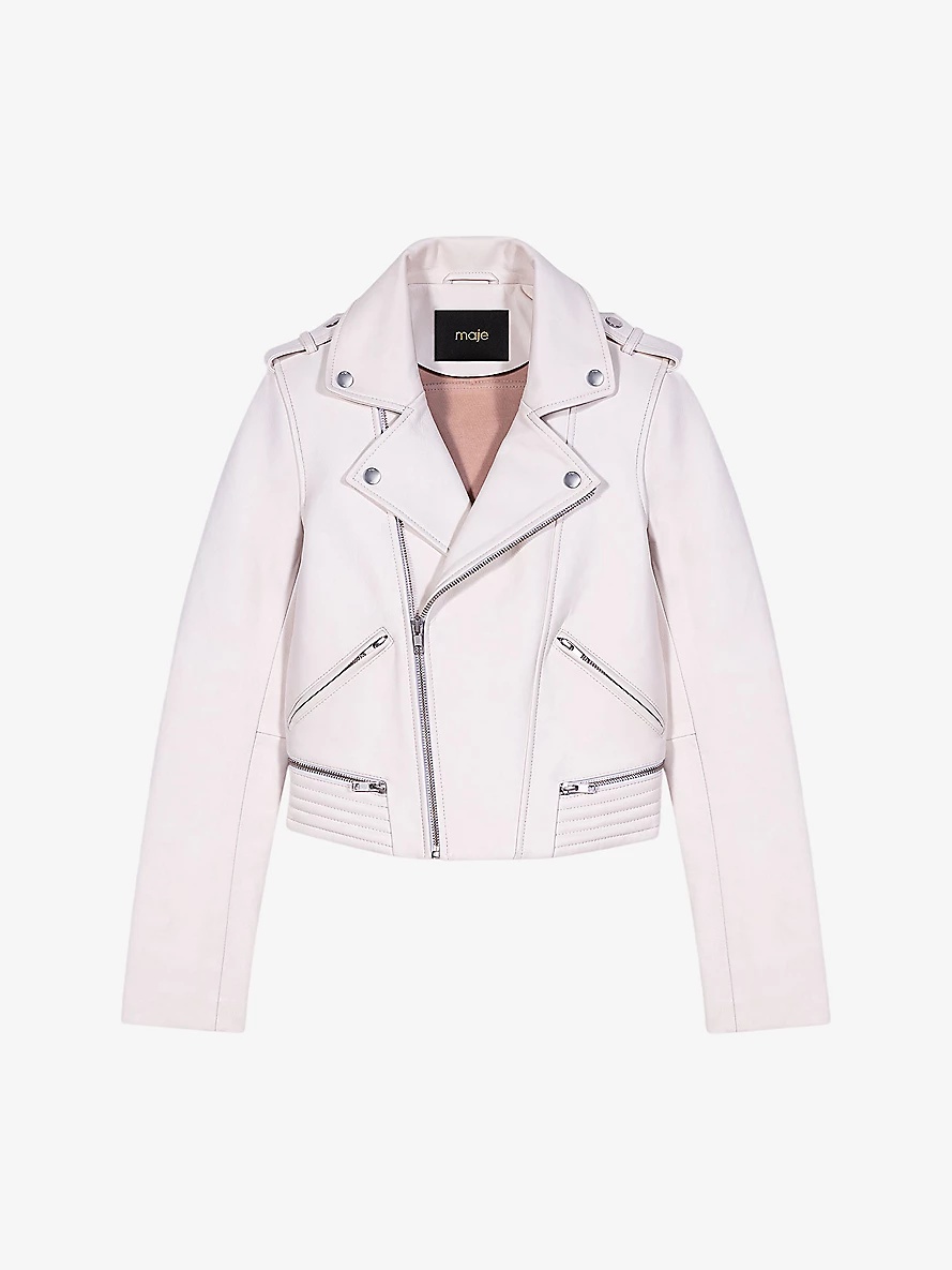 Biker-collar slim-fit cropped leather jacket - 1