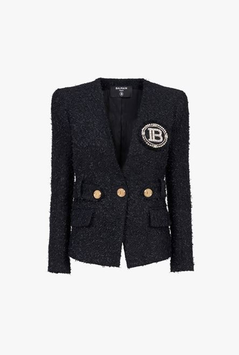 Black tweed jacket with embroidered Balmain logo - 1