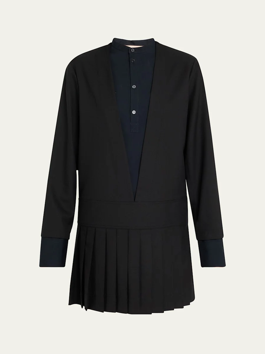 Layered Long-Sleeve Pleated Mini Shirtdress - 1