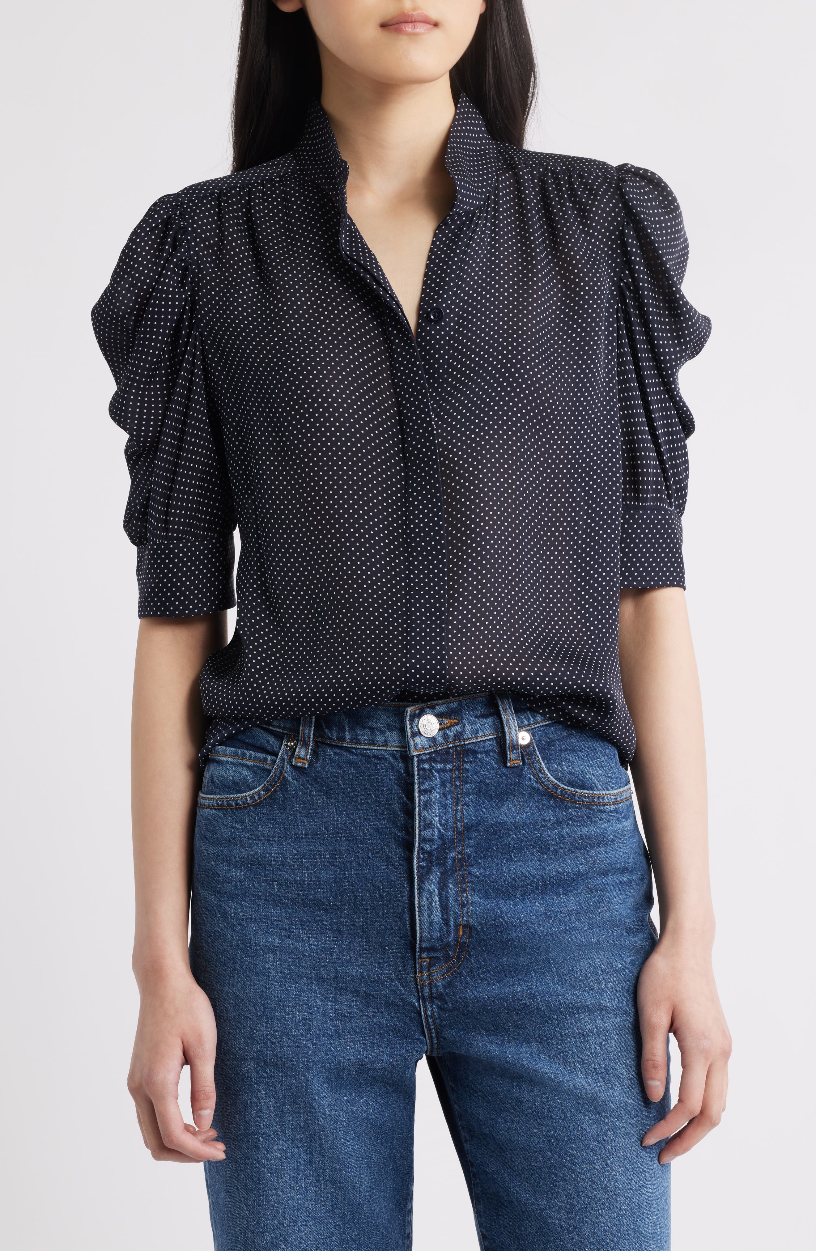 FRAME The Gillian Puff Sleeve Silk Blouse in Navy Multi at Nordstrom - 1