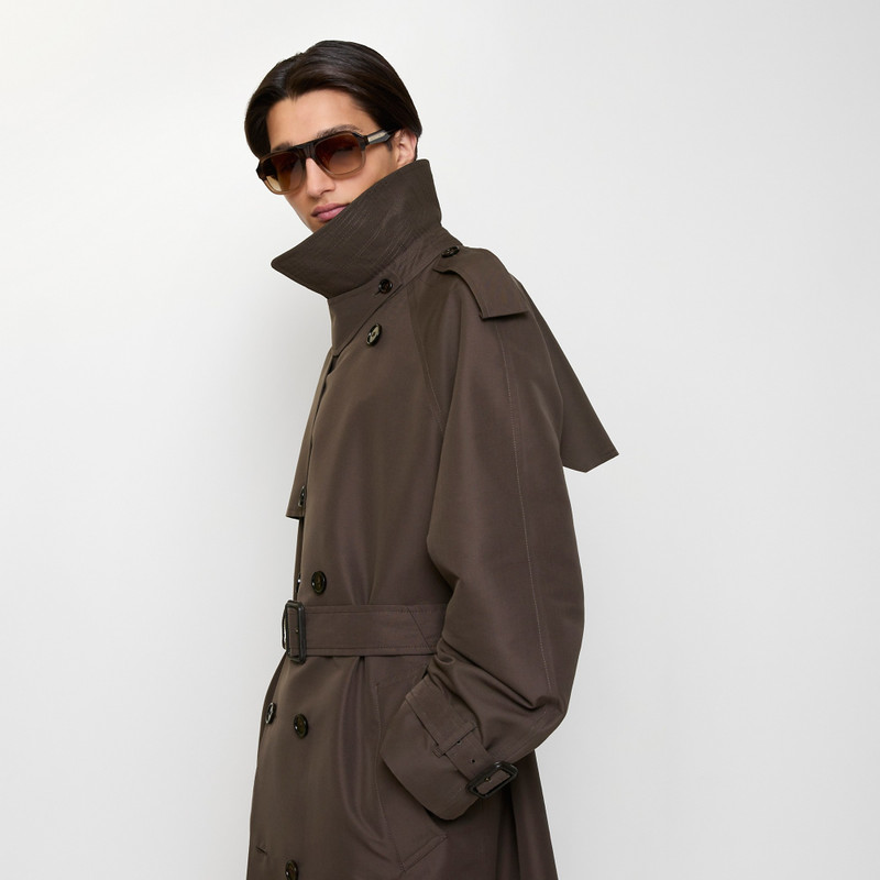 Long Check Collar Silk Cotton Trench Coat 5