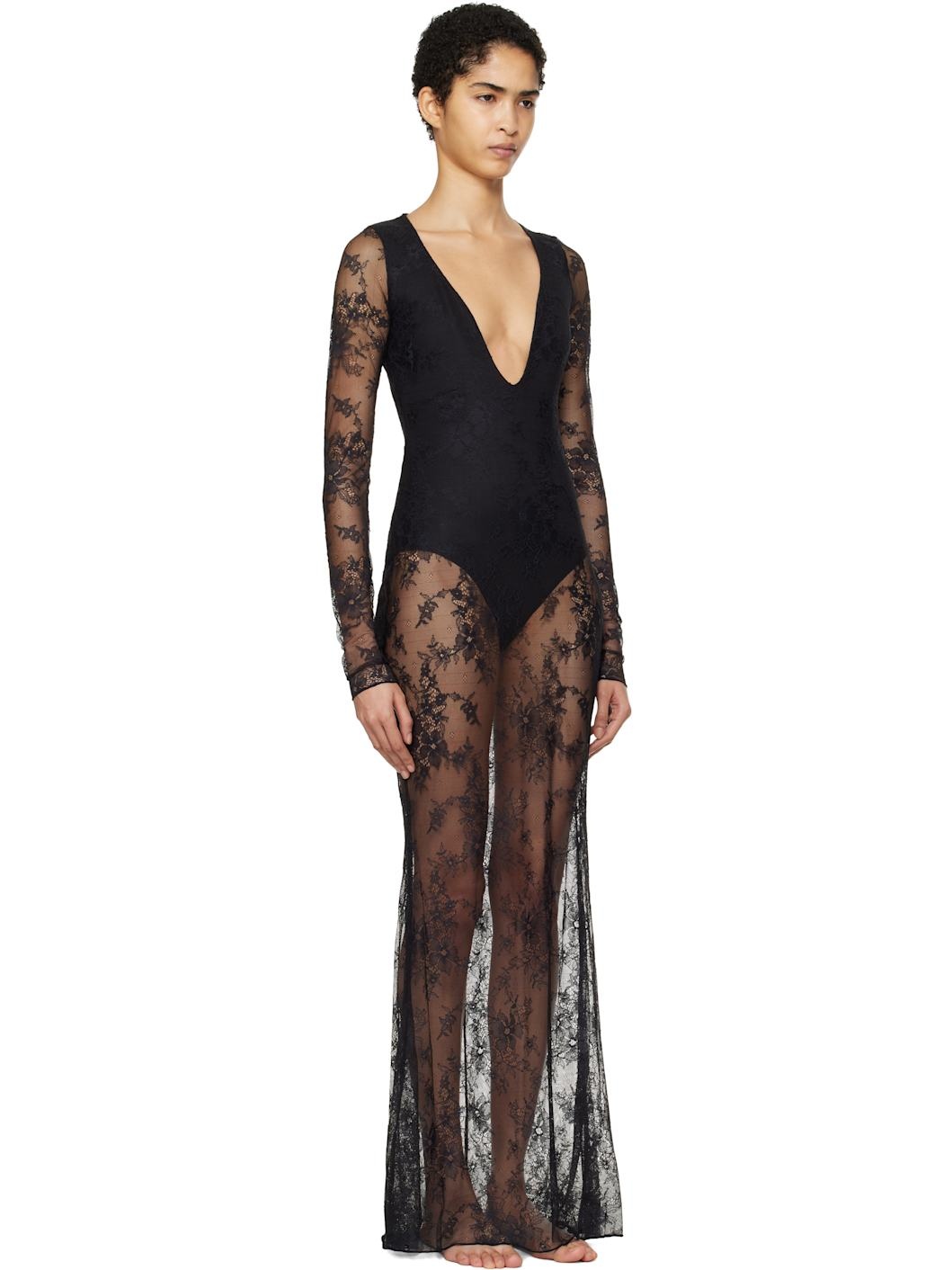 Black Ultra Fine Lace Plunge Long Maxi Dress - 2