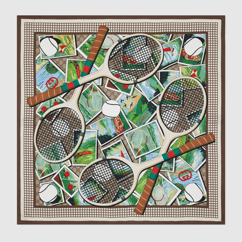 Interlocking G tennis postcard silk scarf 1