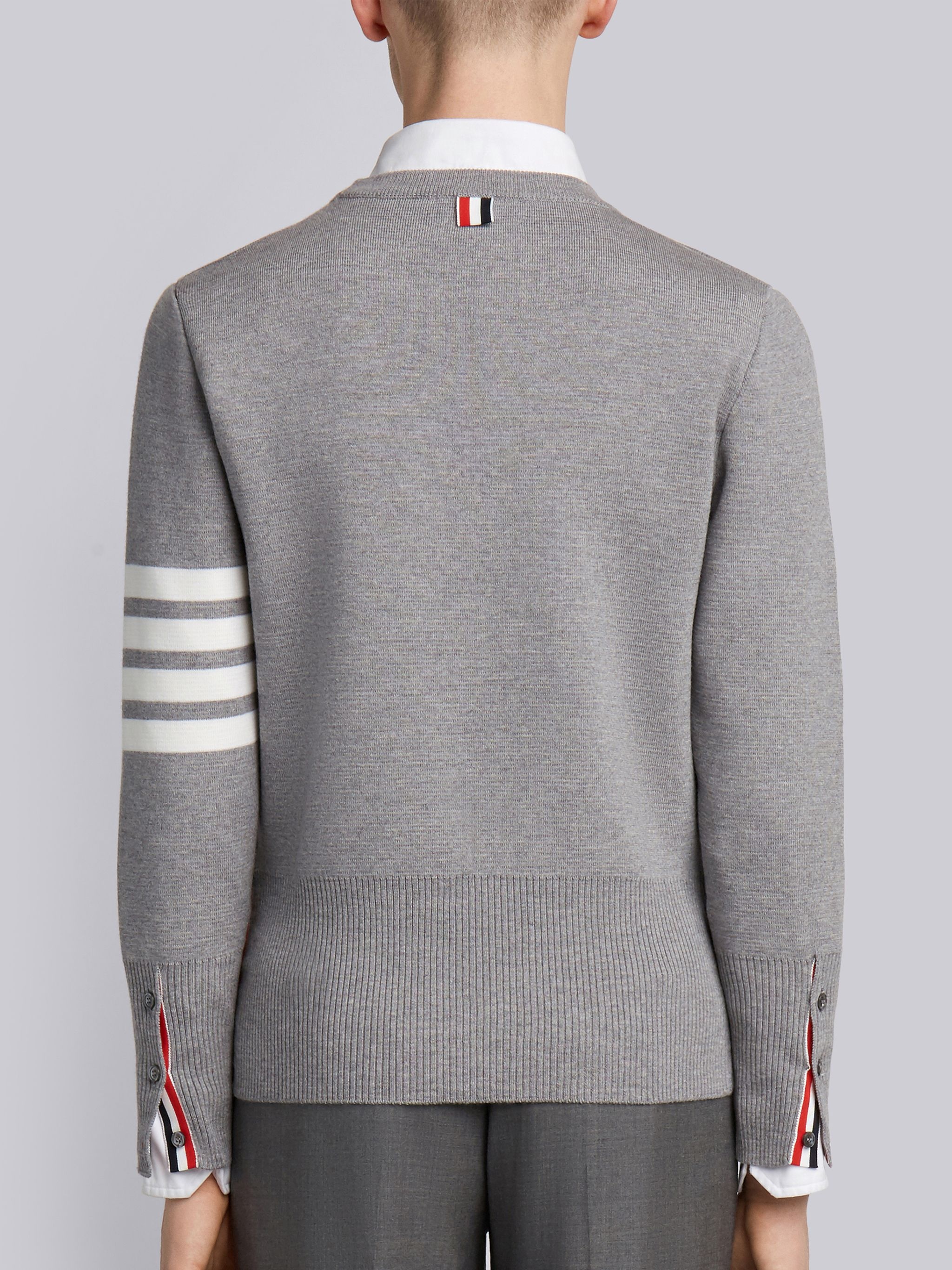 Light Grey Finemerino Wool 4-bar Crew Neck Pullover - 3