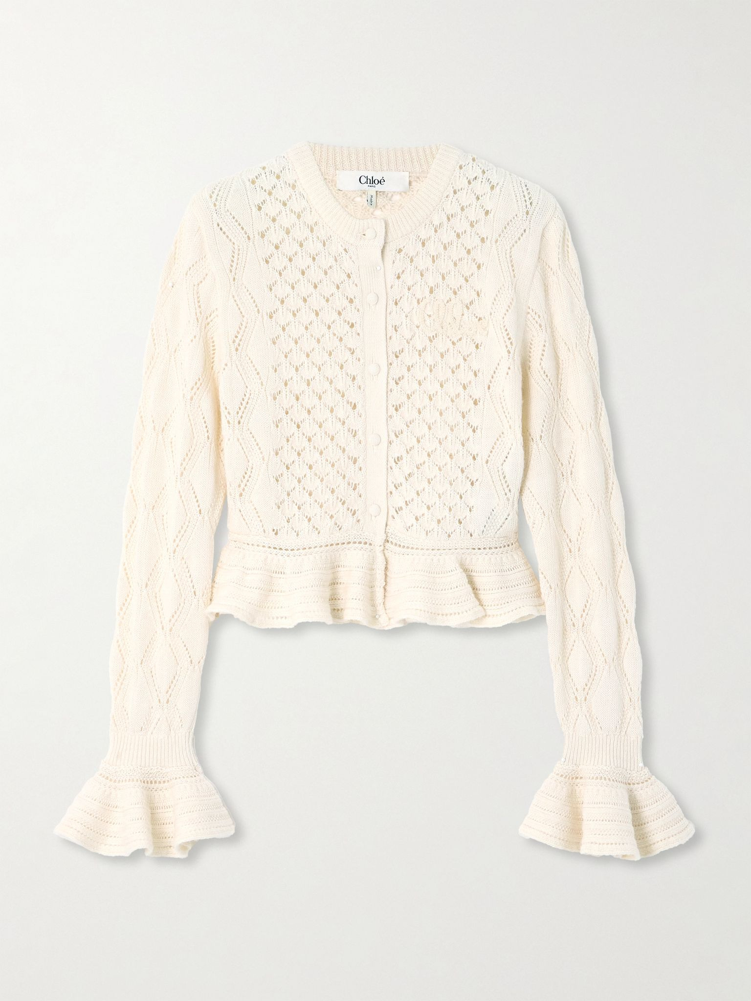 Cropped ruffled pointelle-knit cotton, alpaca and silk-blend cardigan Cream - 1
