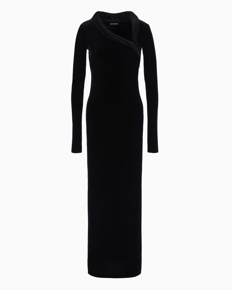 CHENILLE JERSEY LONG DRESS WITH ASYMMETRIC NECKLINE AND RHINESTONES 1