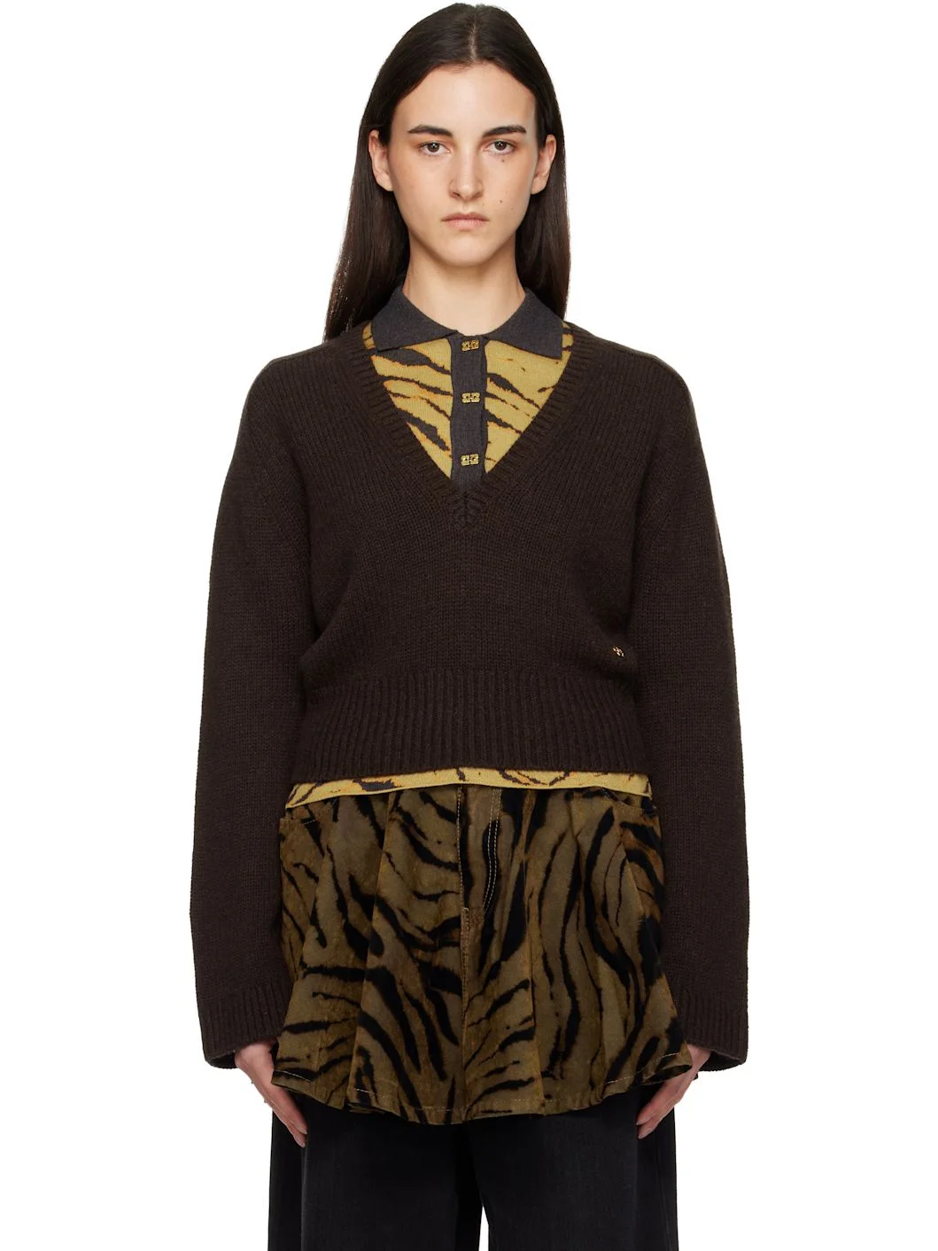 Brown V-Neck Jumper Sweater - 1
