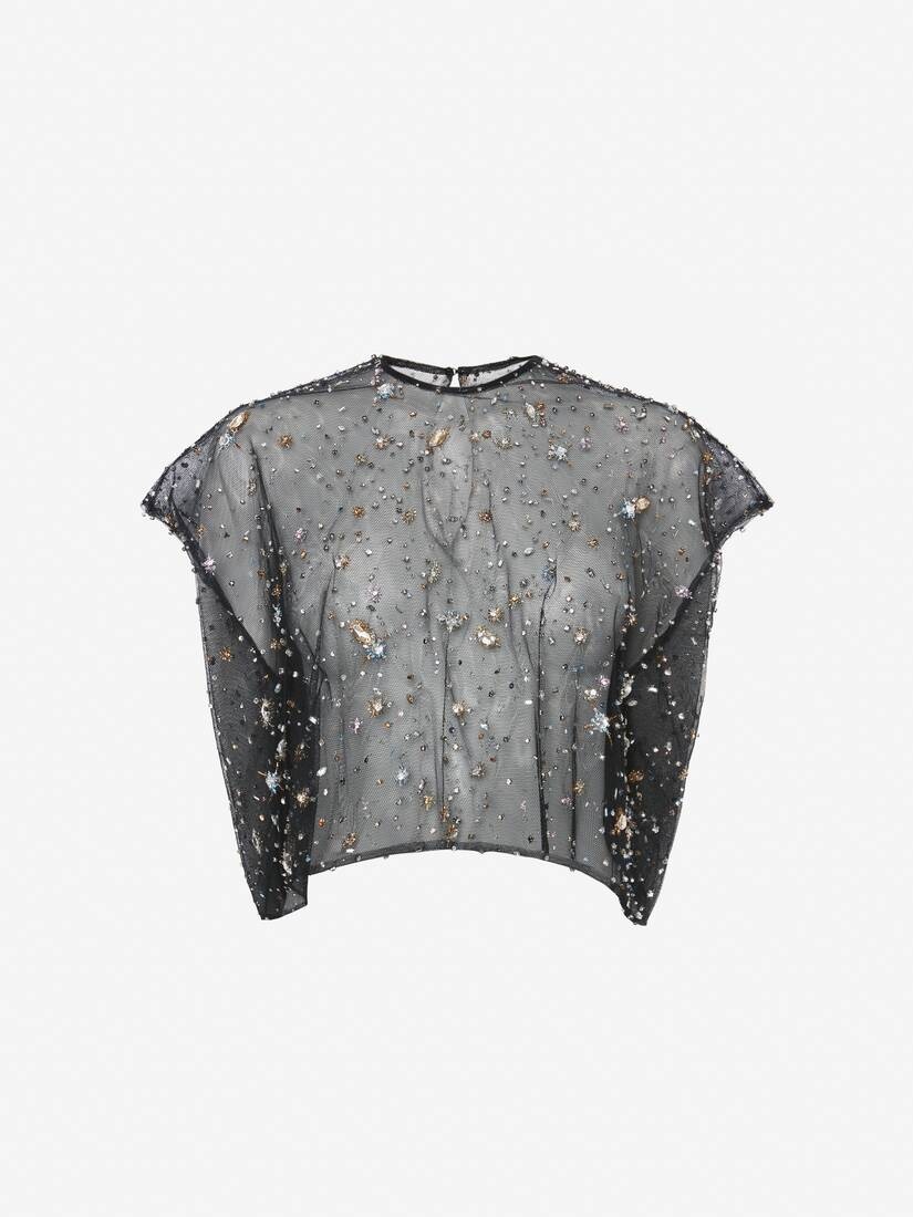 Women's Celestial Crystal Embroidery Crop Top in Black - 1