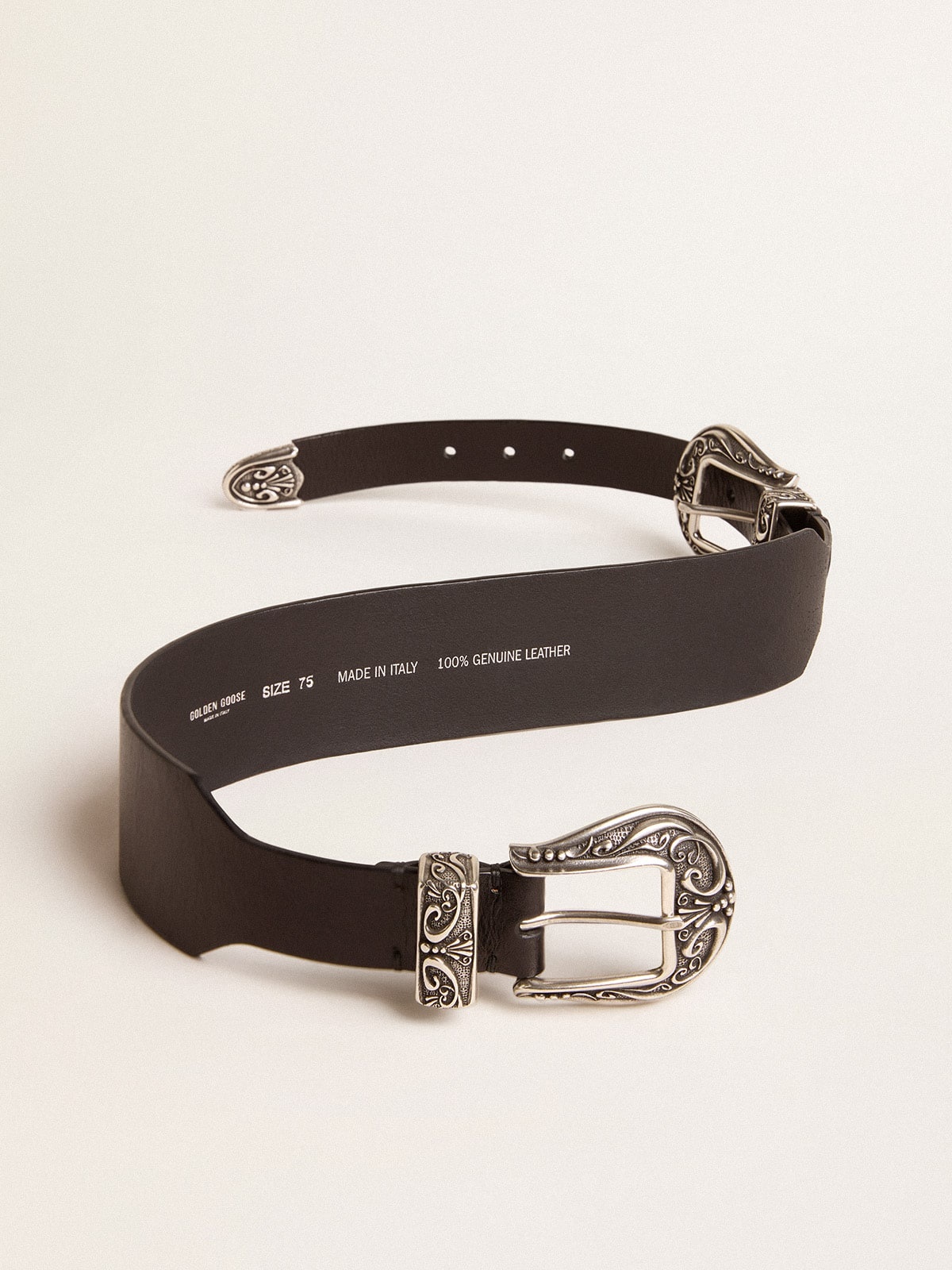 Black belt in washed leather with silver-colored double buckle - 3