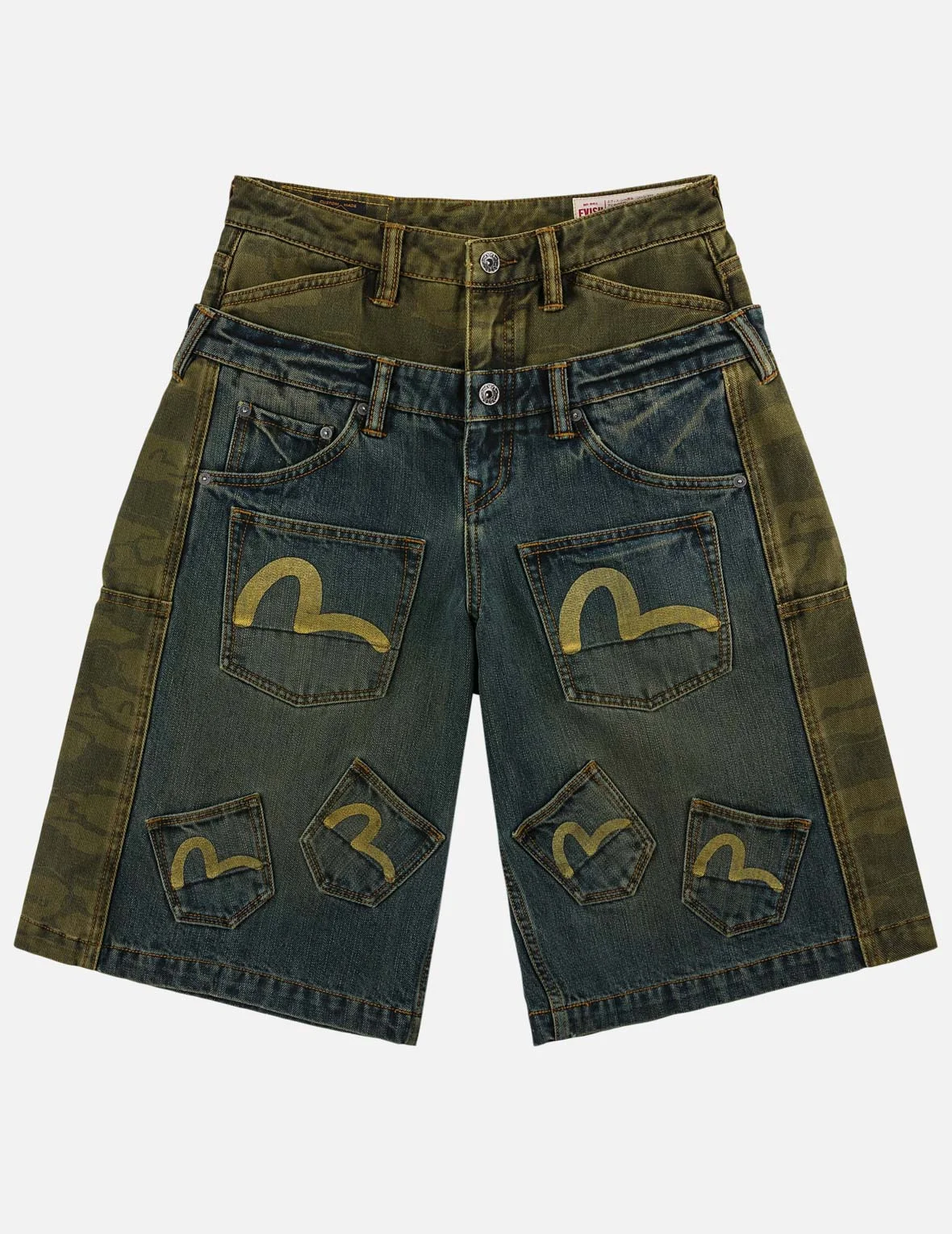 Layered Waistband Ishigaki Camouflage Denim Shorts - 1